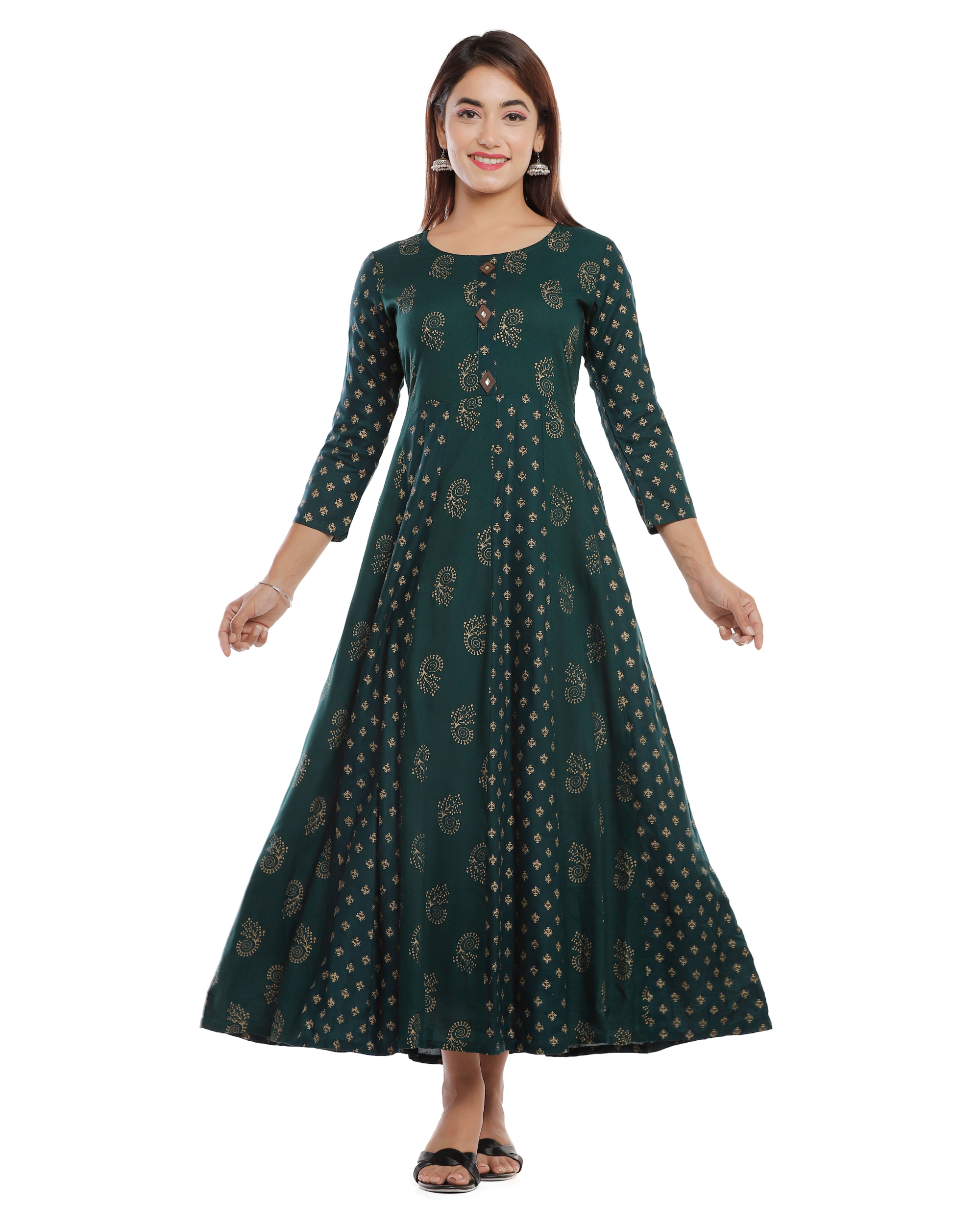 Black Rayon Calf Length Printed Shirt Coller A-Line Kurta