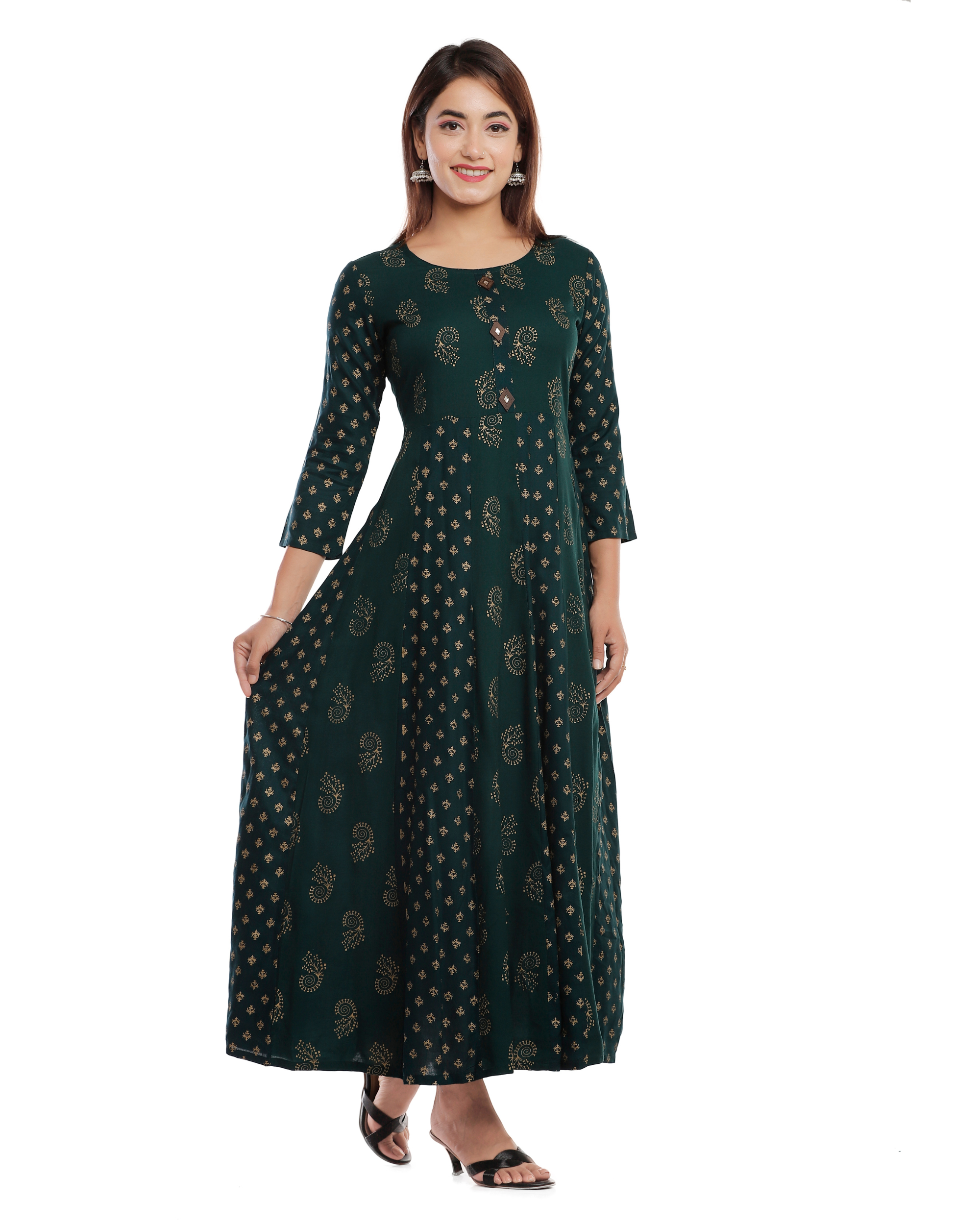 Black Rayon Calf Length Printed Shirt Coller A-Line Kurta