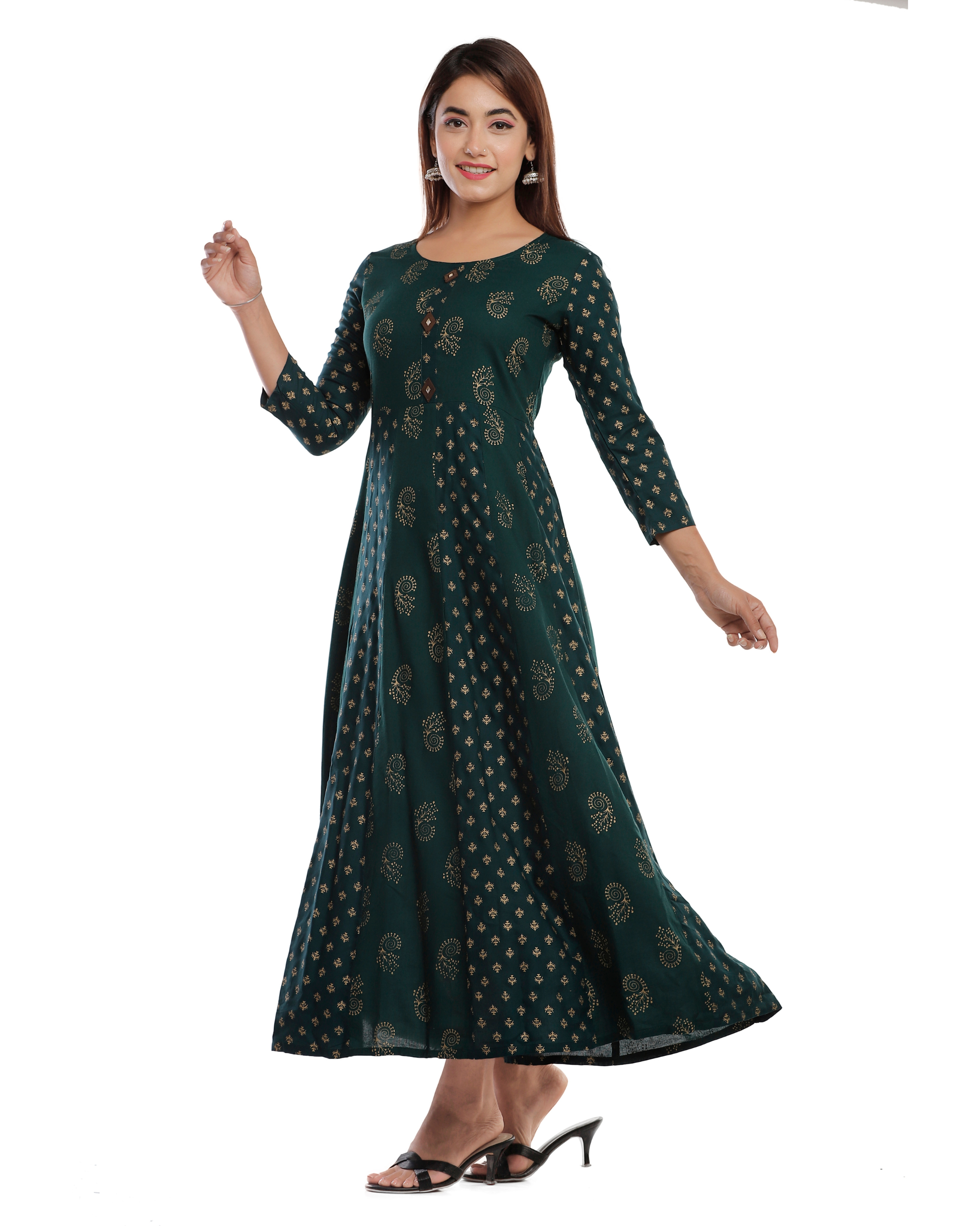 Black Rayon Calf Length Printed Shirt Coller A-Line Kurta