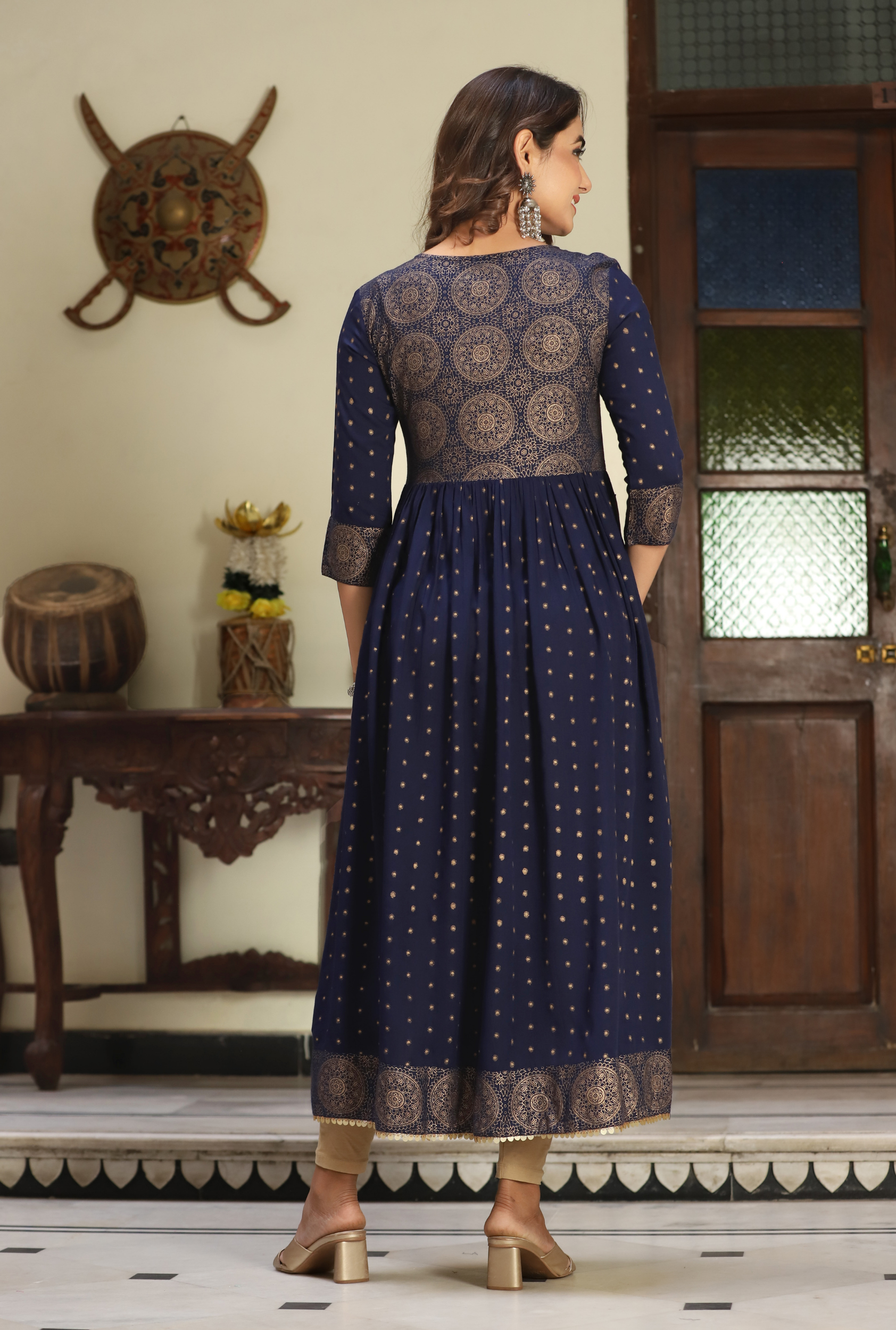 Coral Rayon Embroidered Calf Length Solid Straight V-Neck Kurta