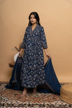 Front view of indigo cotton suit set for women by Poshida