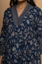 Close-up embroidery and fabric detail on indigo cotton suit set by Poshida