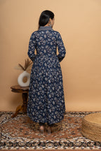 Back view of women’s indigo cotton suit set by Poshida