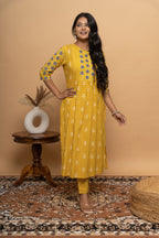 Front view of mustard cotton suit set for women by Poshida