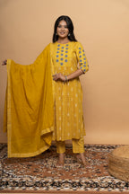 Front view of mustard cotton suit set for women by Poshida