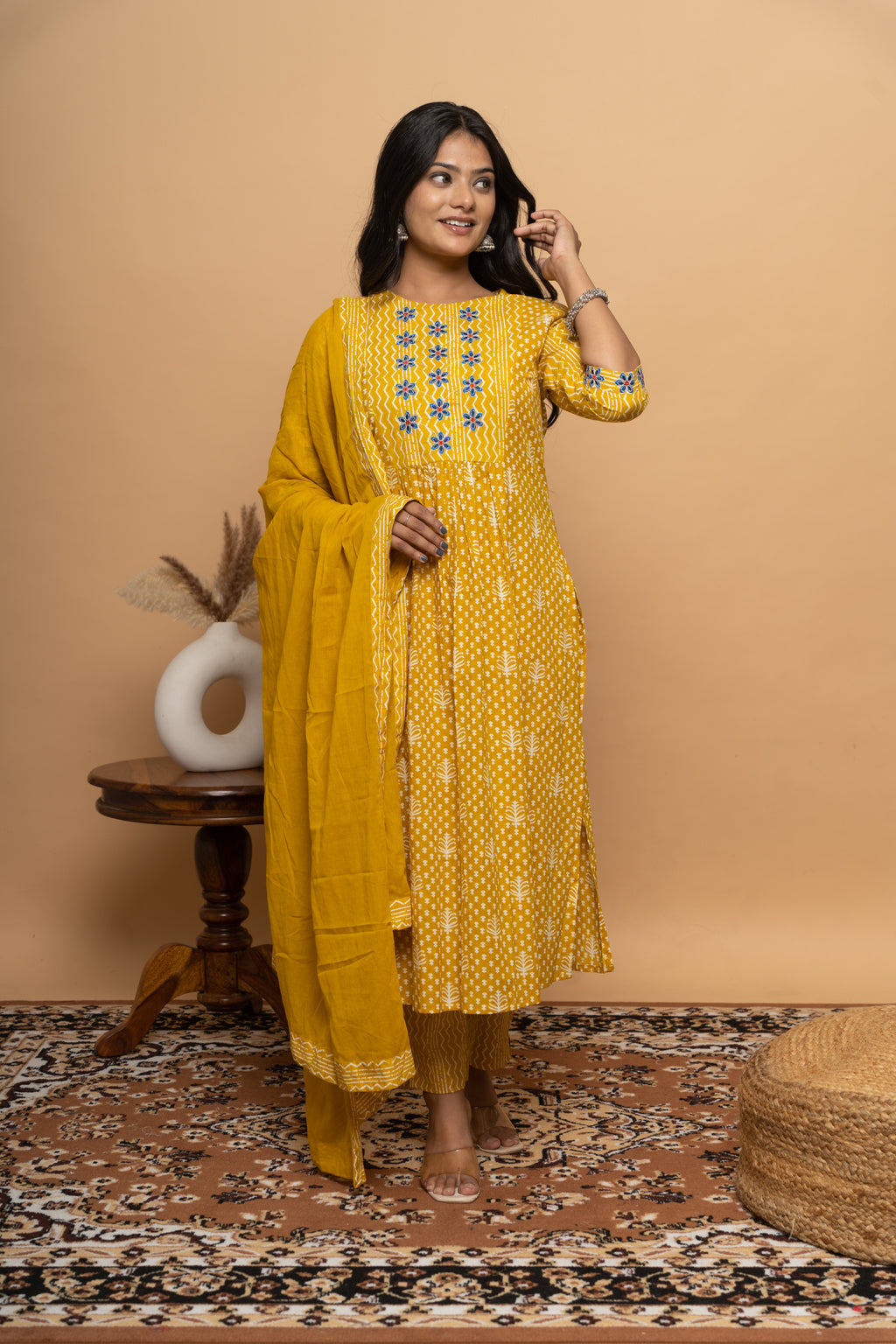 Mustard cotton suit set for women by Poshida