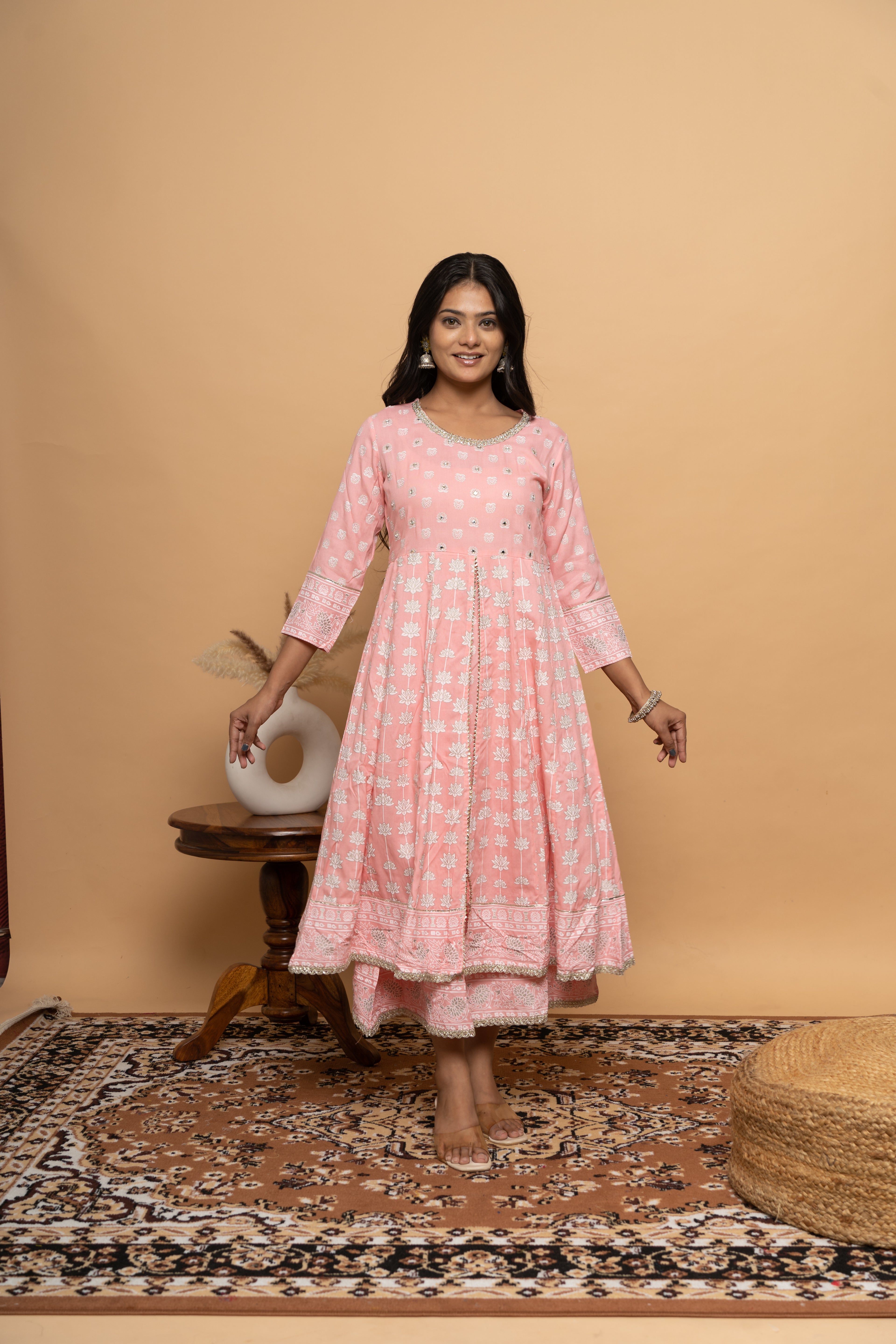 Front view of light pink cotton suit set for women by Poshida