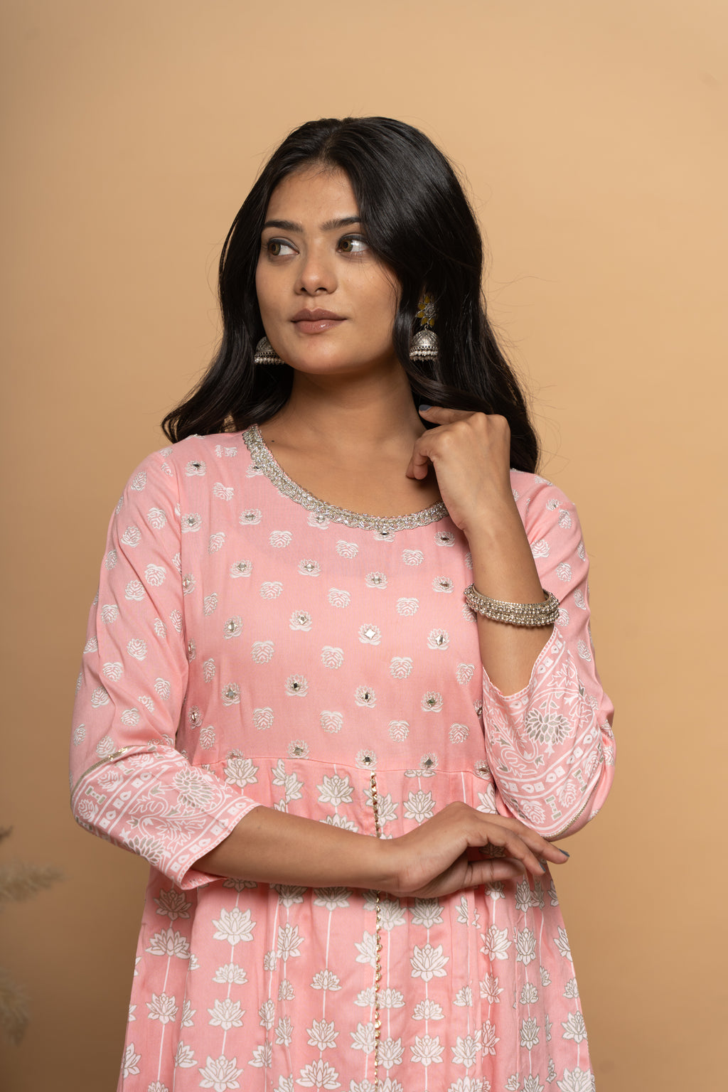 Front view of light pink cotton suit set for women by Poshida