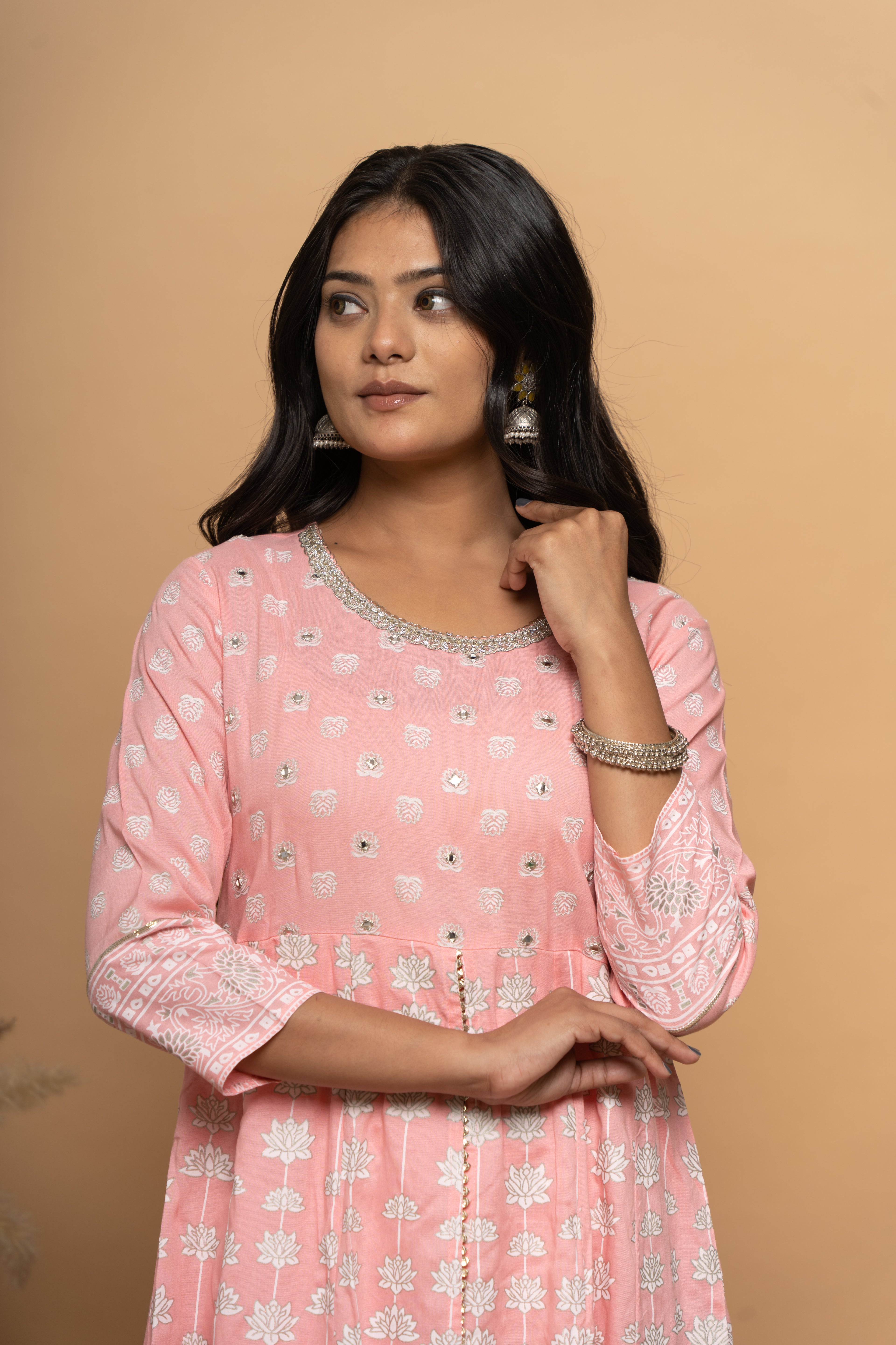 Front view of light pink cotton suit set for women by Poshida