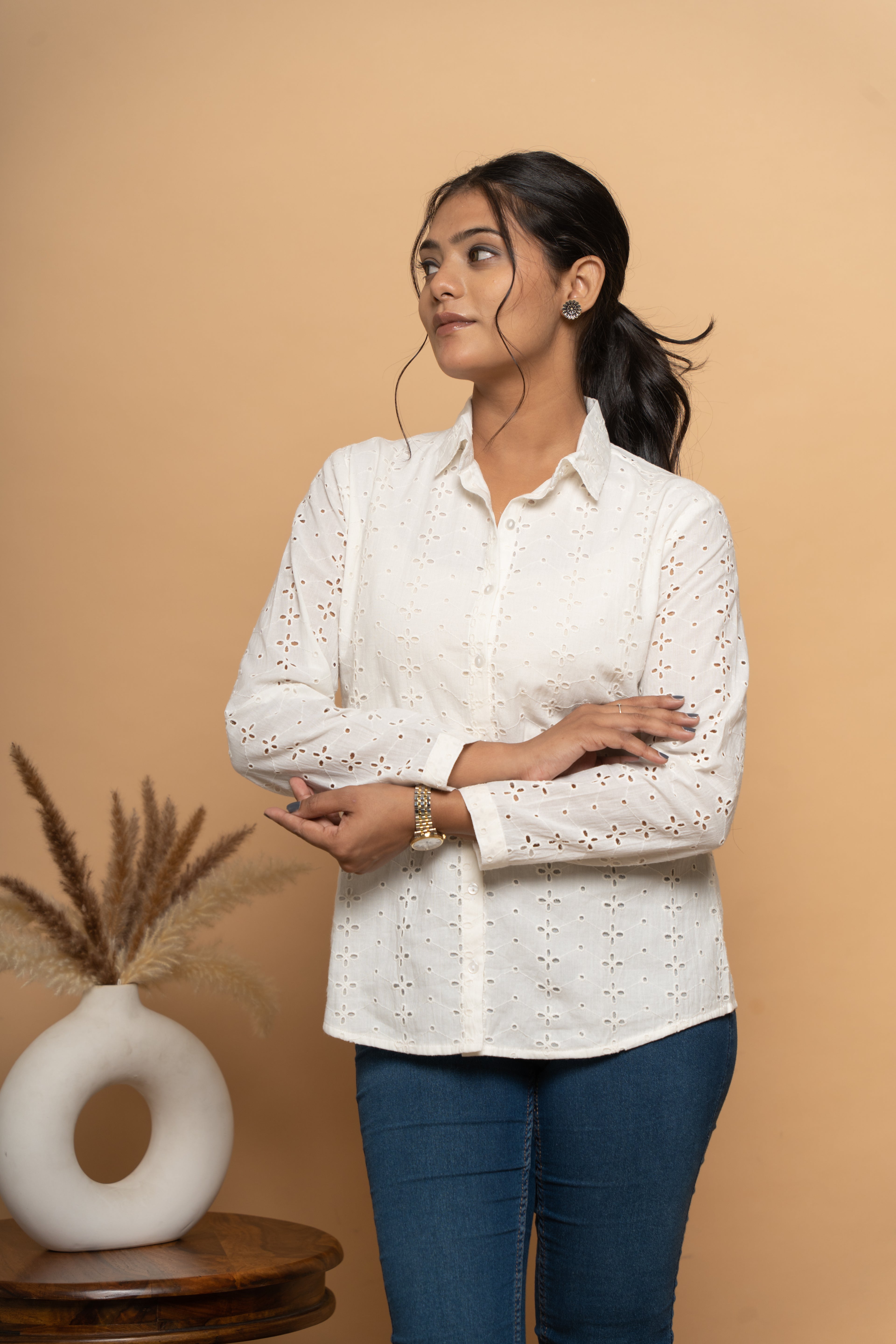 Front view of white schiffli shirt for women by Poshida