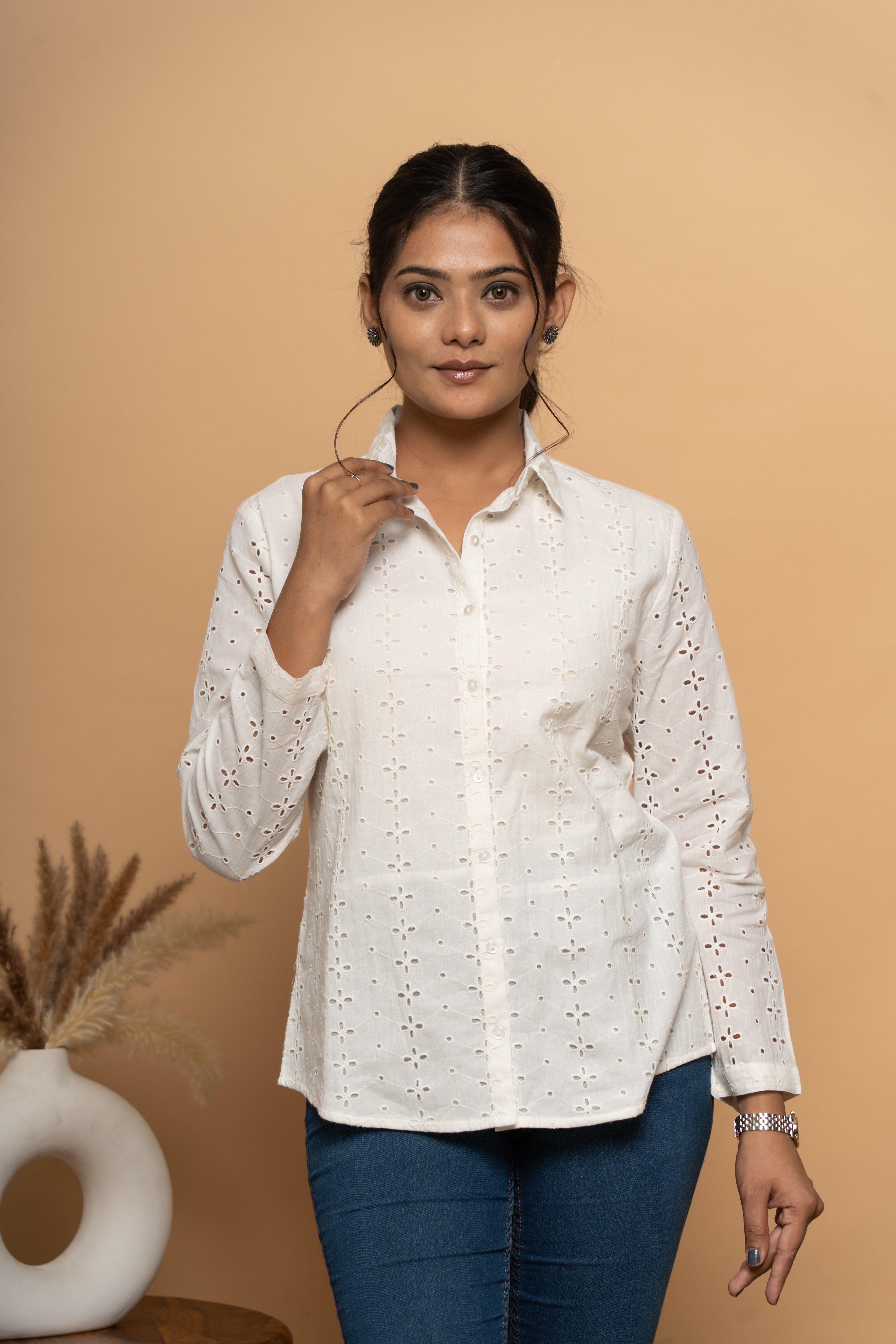 Front view of white schiffli shirt for women by Poshida