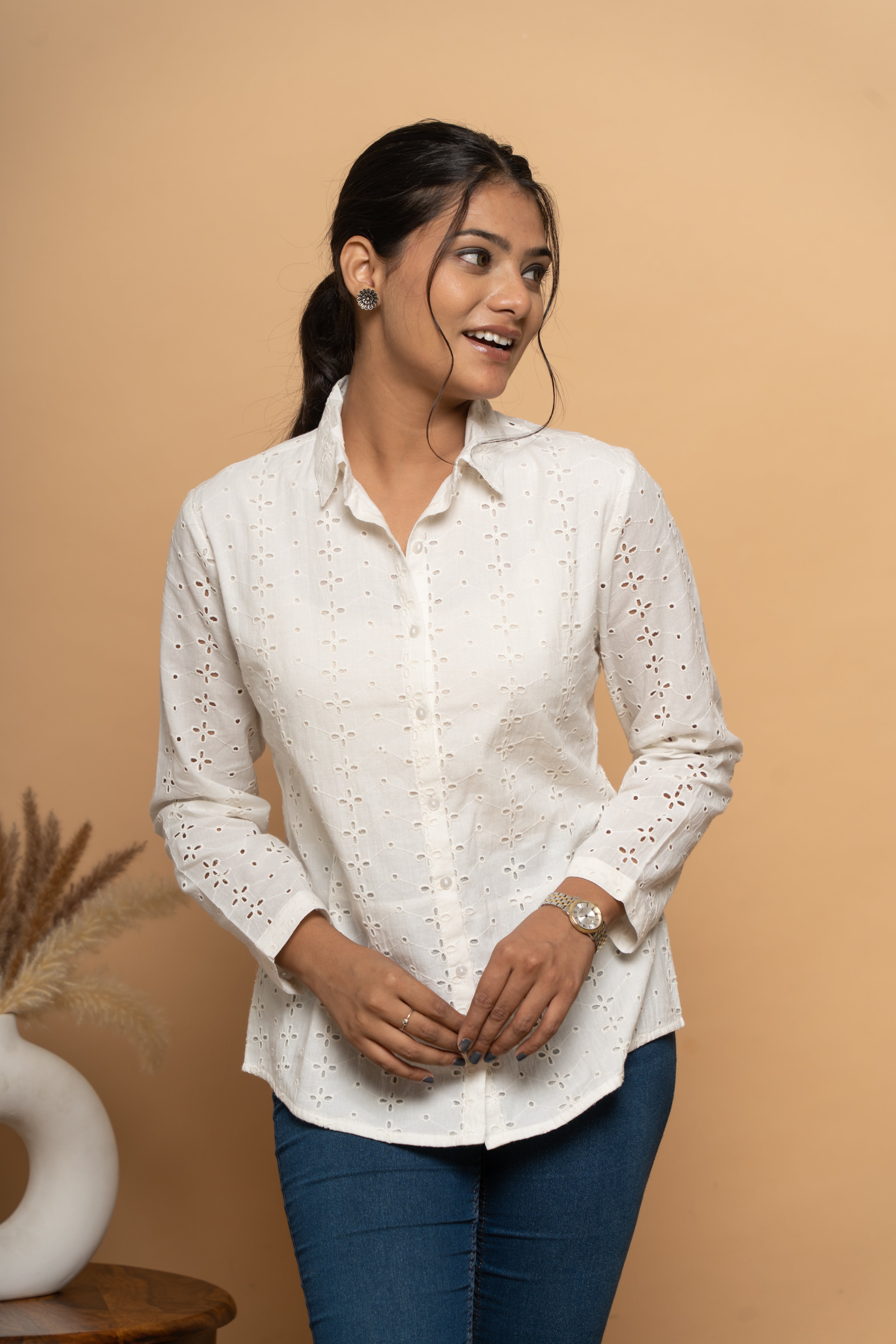 Front view of white schiffli shirt for women by Poshida