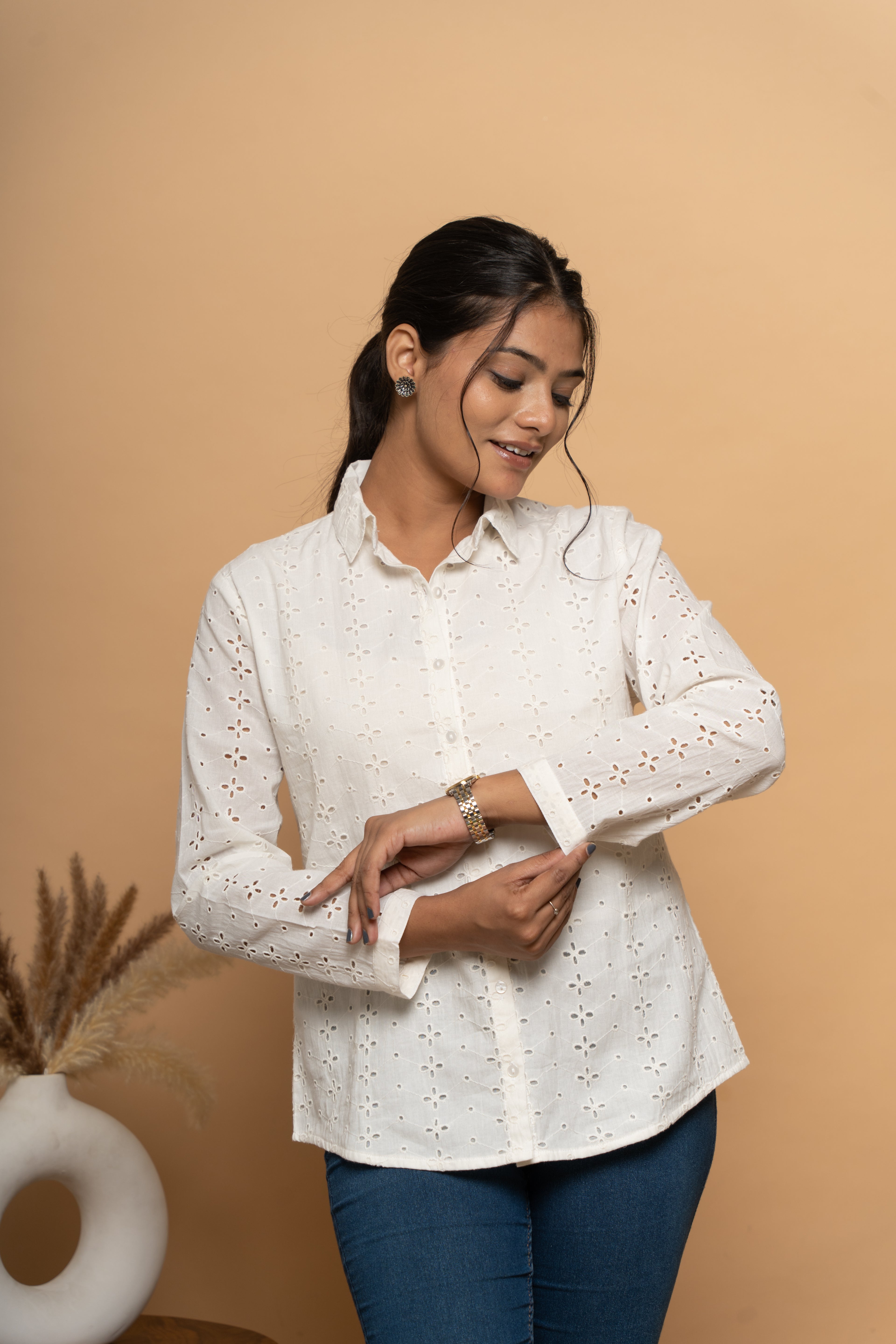 White schiffli shirt for women by Poshida