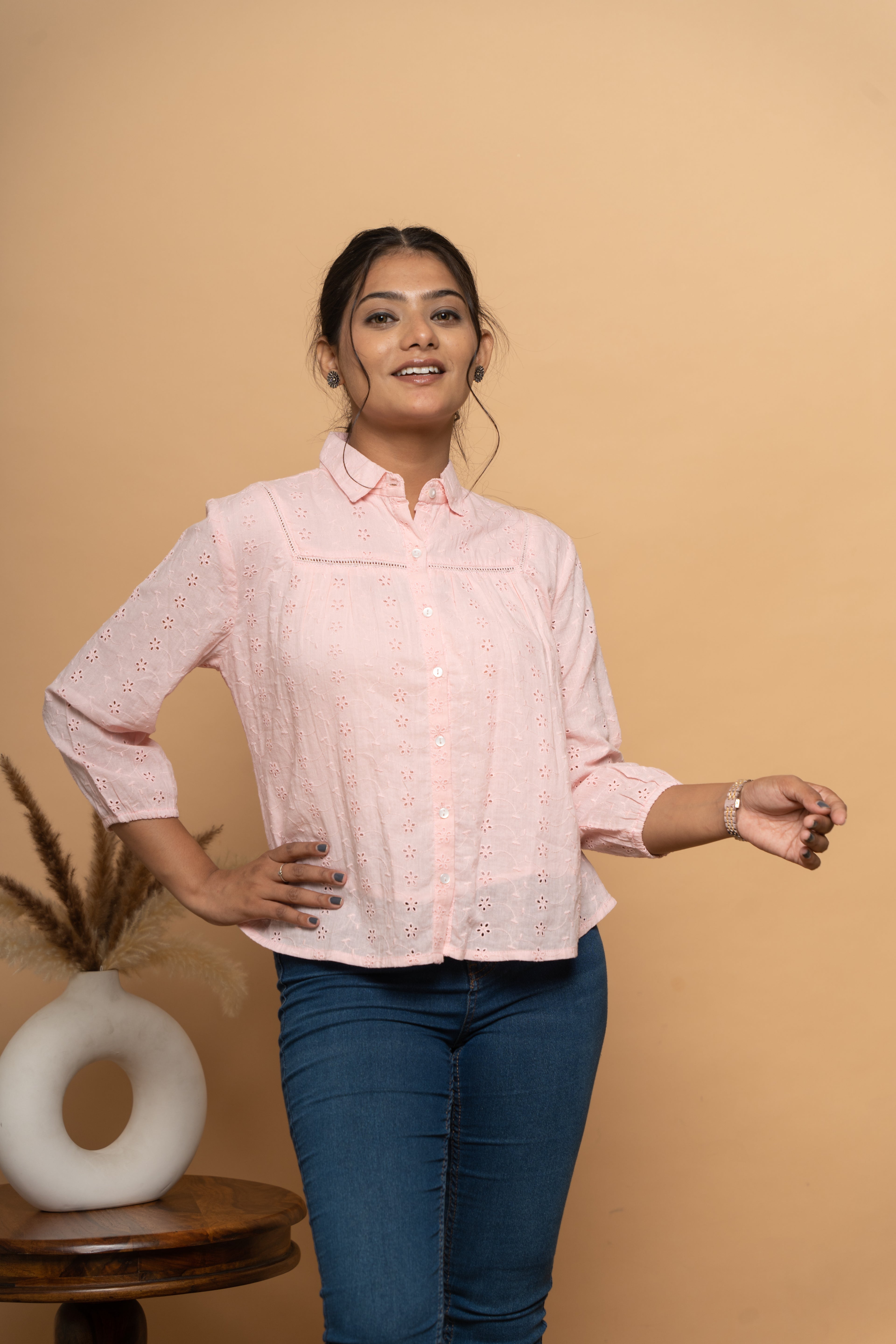 Front view of light pink schiffli shirt for women by Poshida