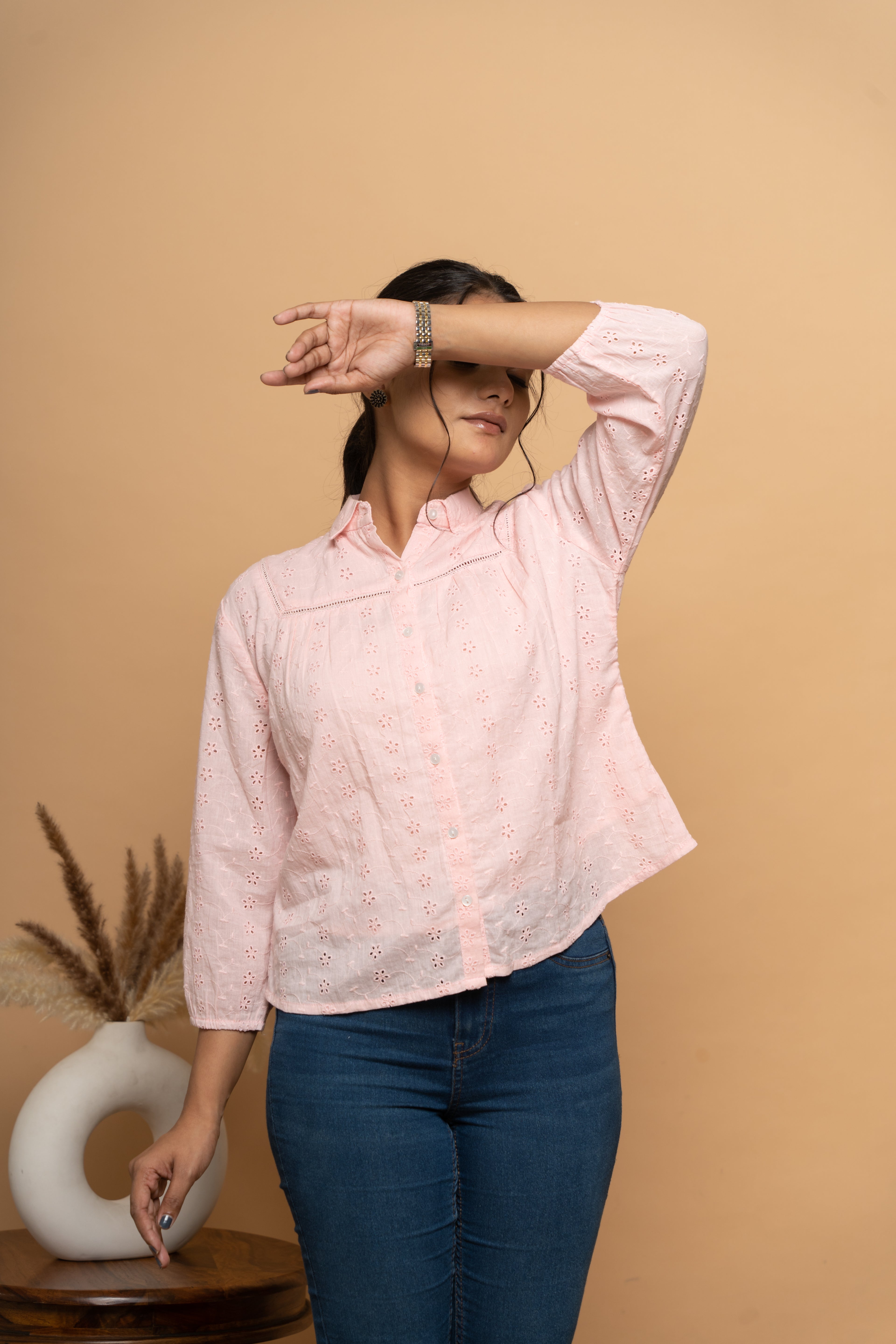 Front view of light pink schiffli shirt for women by Poshida