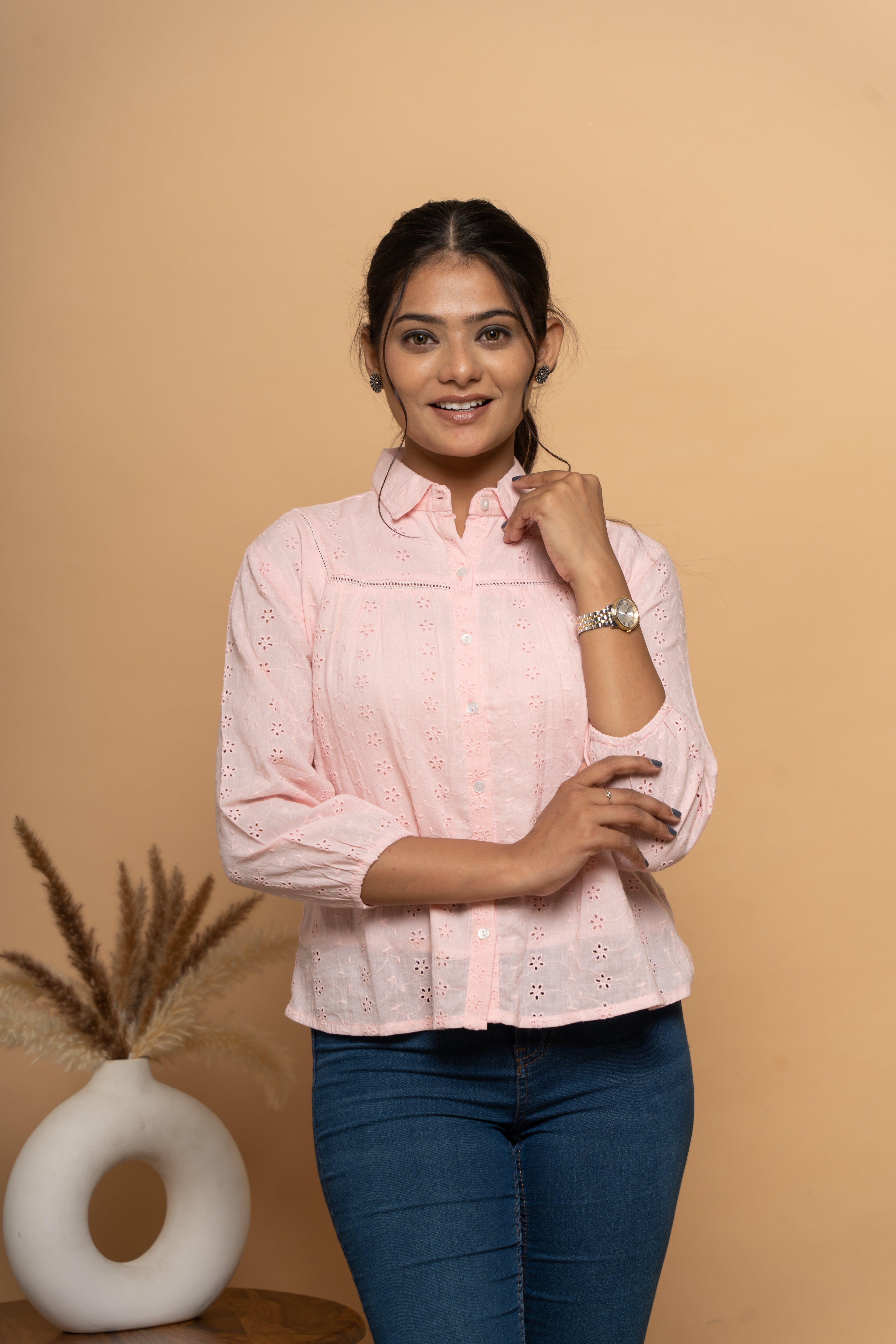 Light pink schiffli shirt for women by Poshida