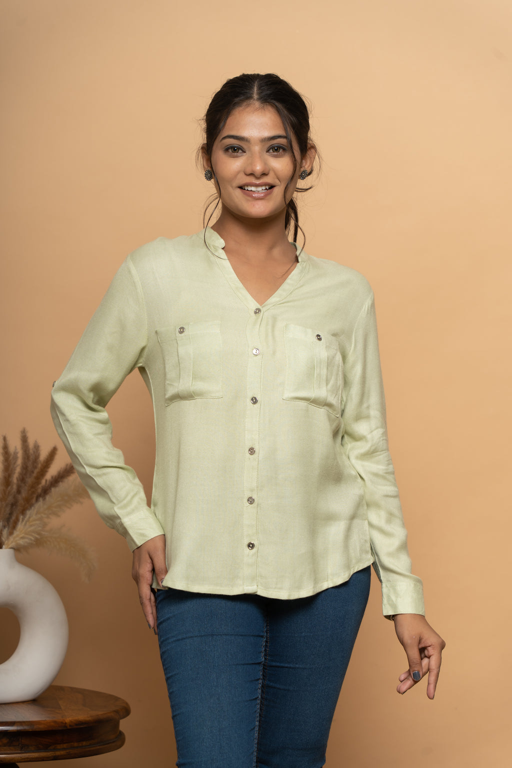 Front view of classic green shirt for women by Poshida