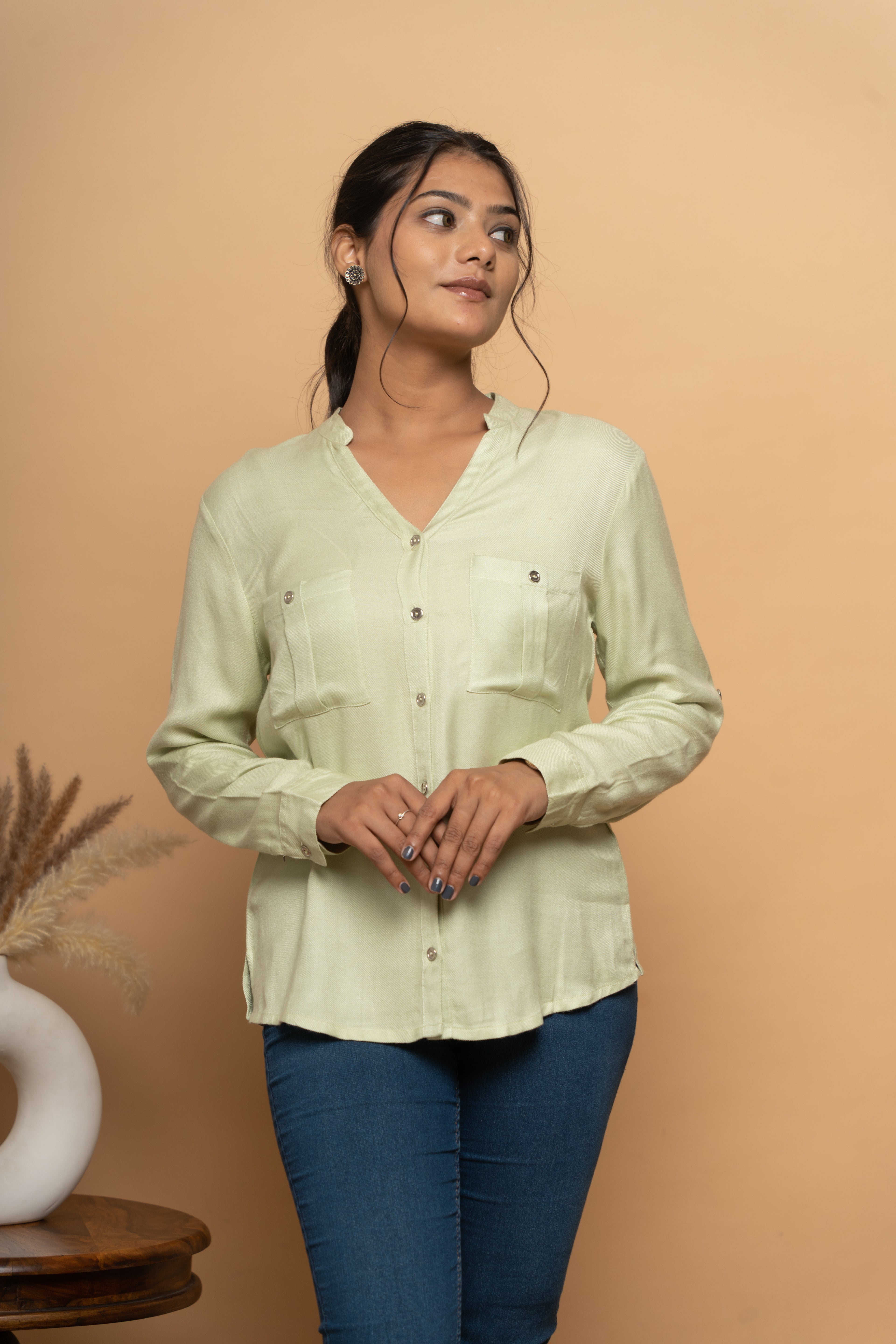 Front view of classic green shirt for women by Poshida