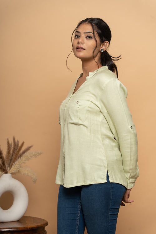 Side view of classic green women’s shirt by Poshida