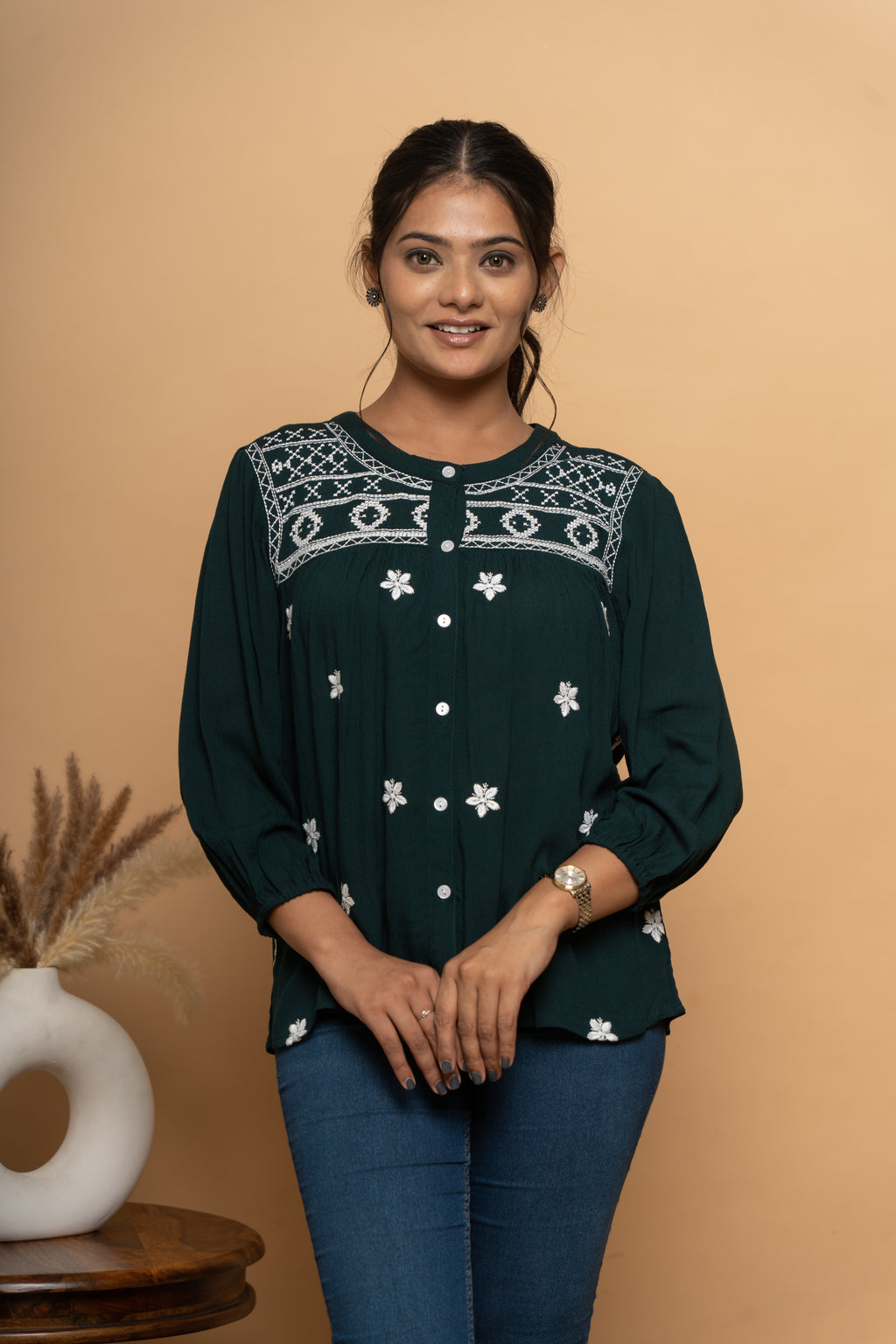 Front view of dark green embroidery top for women by Poshida