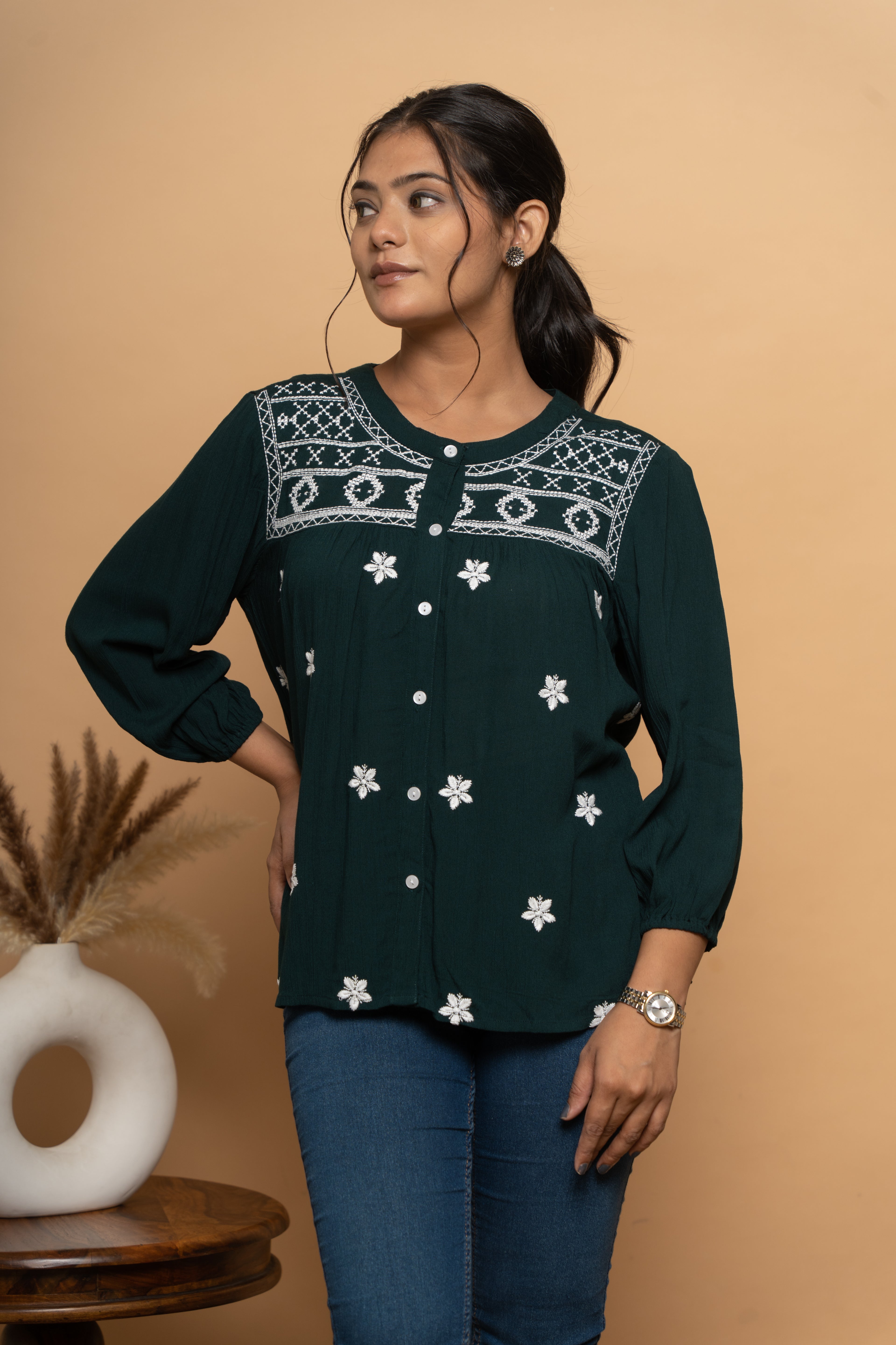 Front view of dark green embroidery top for women by Poshida