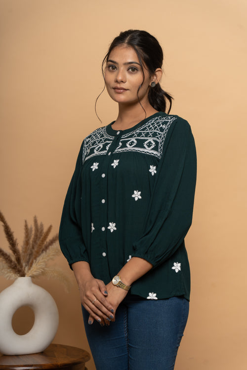 Front view of dark green embroidery top for women by Poshida