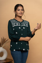 Dark green embroidered top for women by Poshida