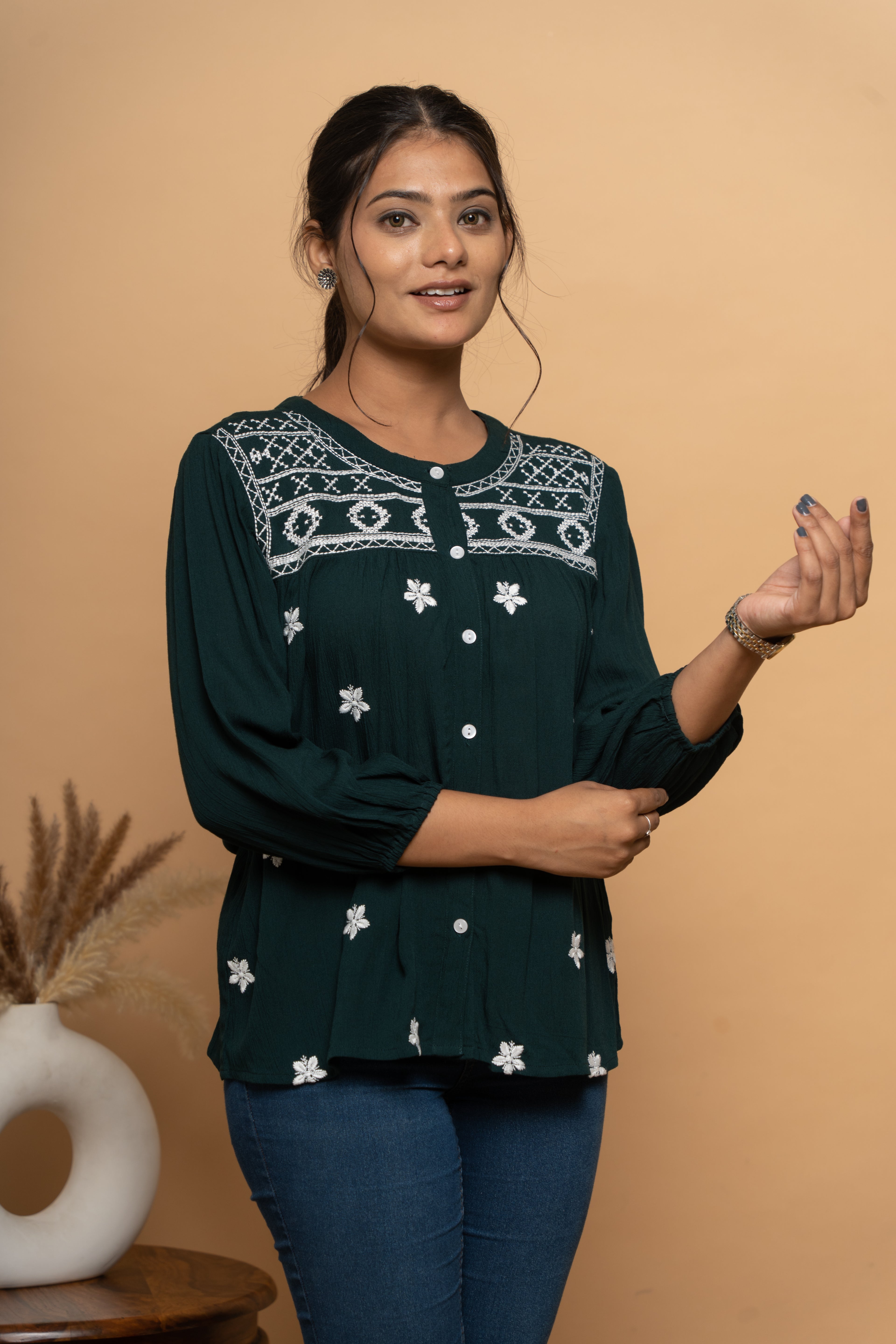 Dark green embroidered top for women by Poshida