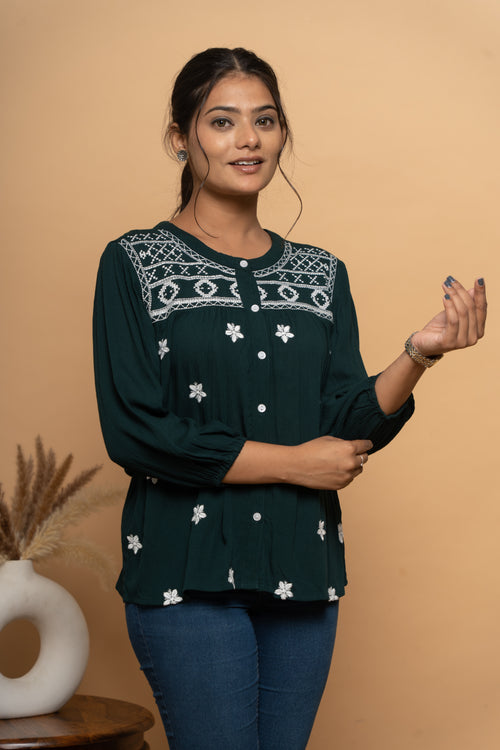 Dark green embroidered top for women by Poshida