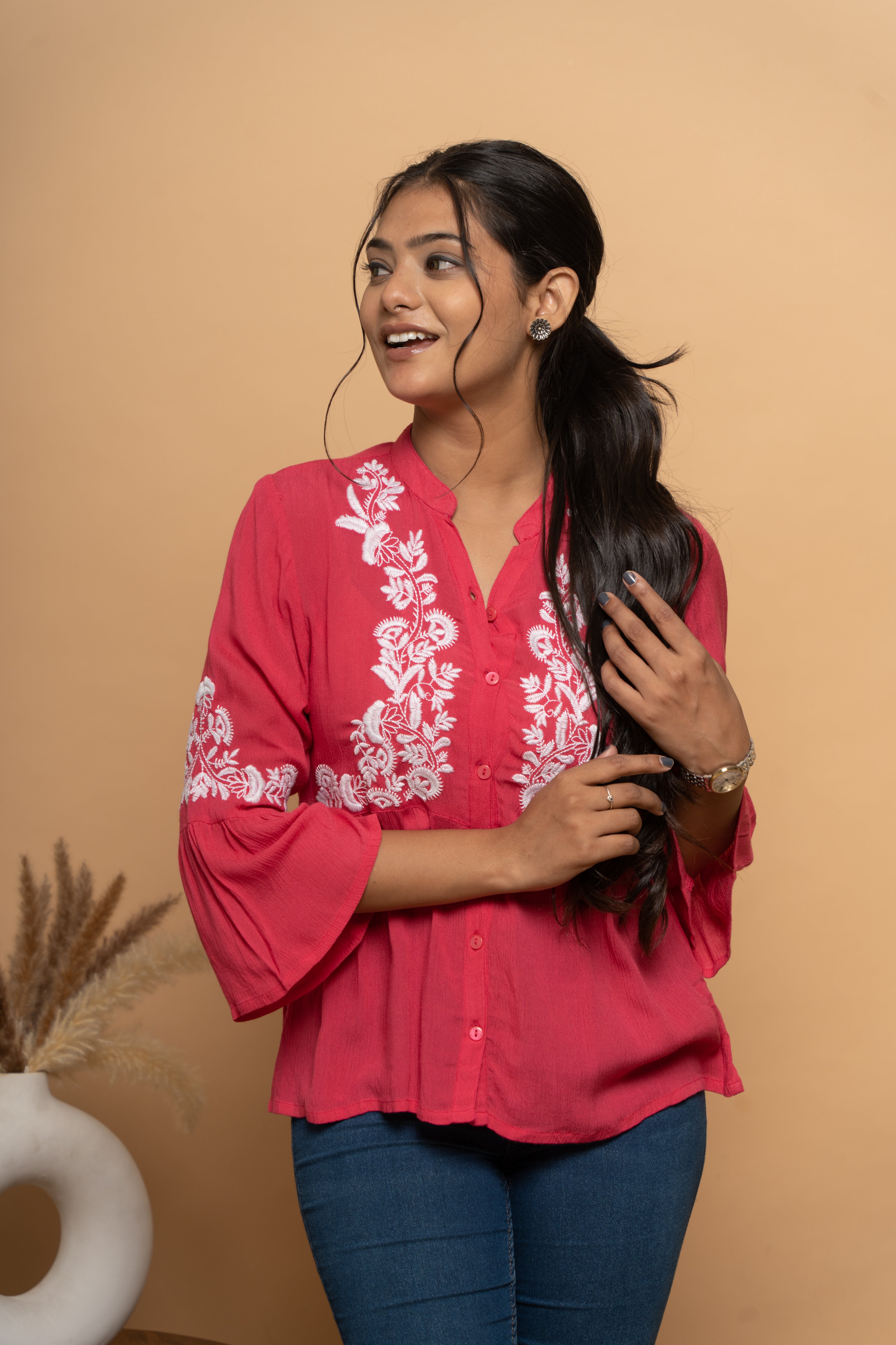 Front view of elegant red embroidery top for women by Poshida