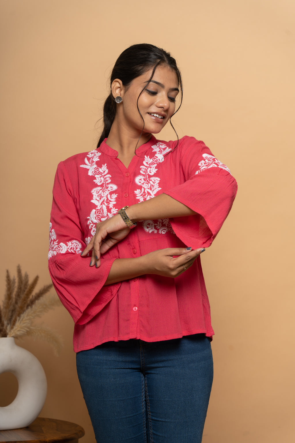 Front view of elegant red embroidery top for women by Poshida
