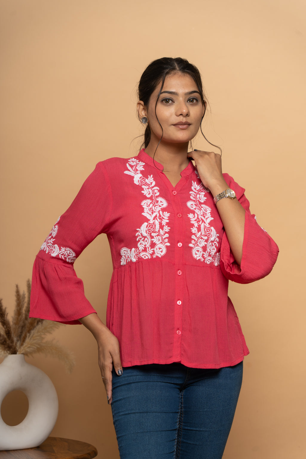 Front view of elegant red embroidery top for women by Poshida
