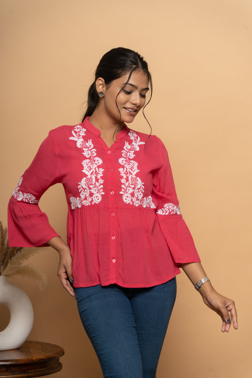 Elegant red embroidered top for women by Poshida