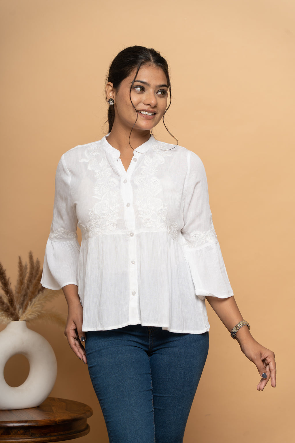 Front view of white schiffli flared top for women by Poshida