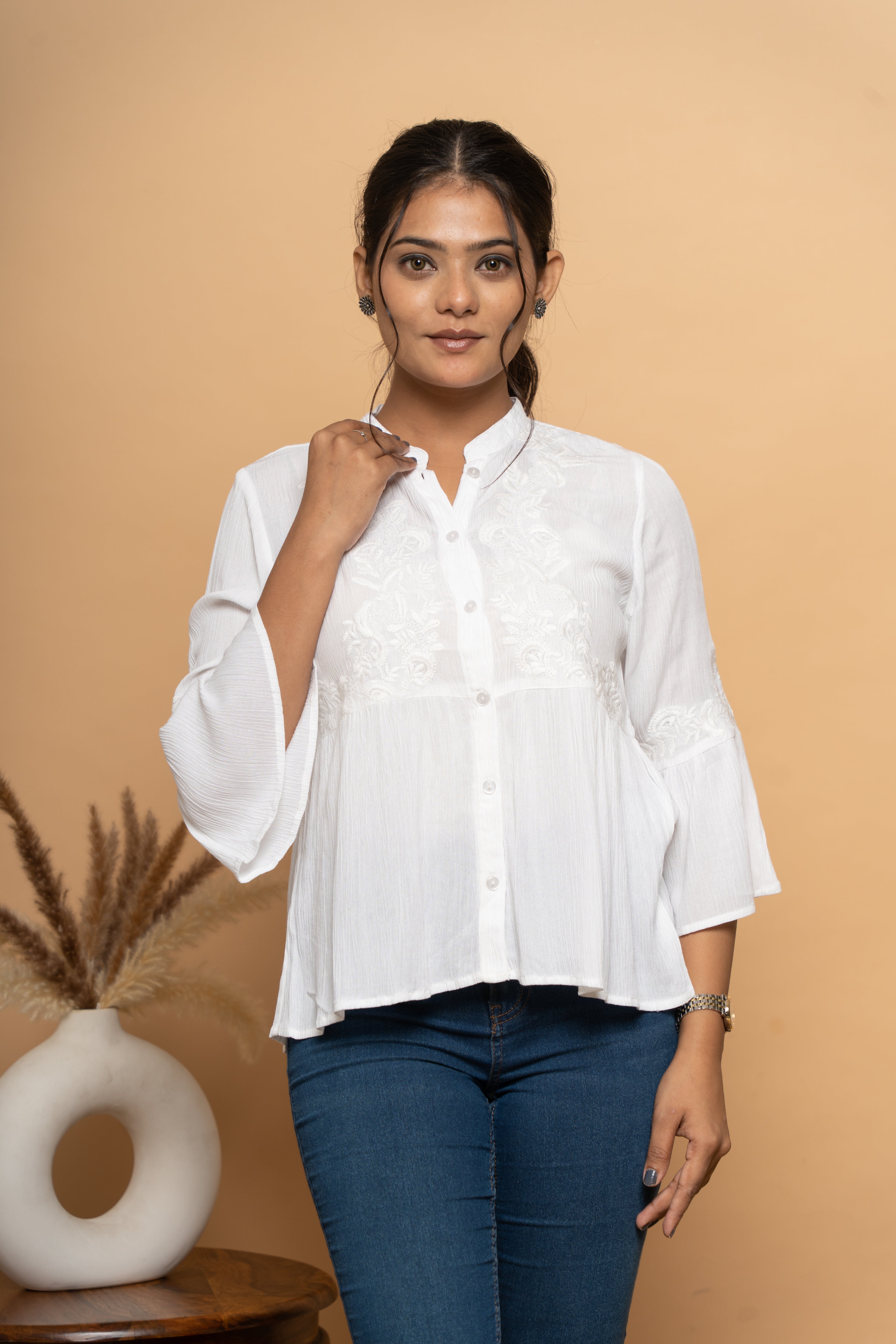 White schiffli flared top for women by Poshida
