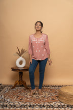 Front view of pink embroidery top for women by Poshida