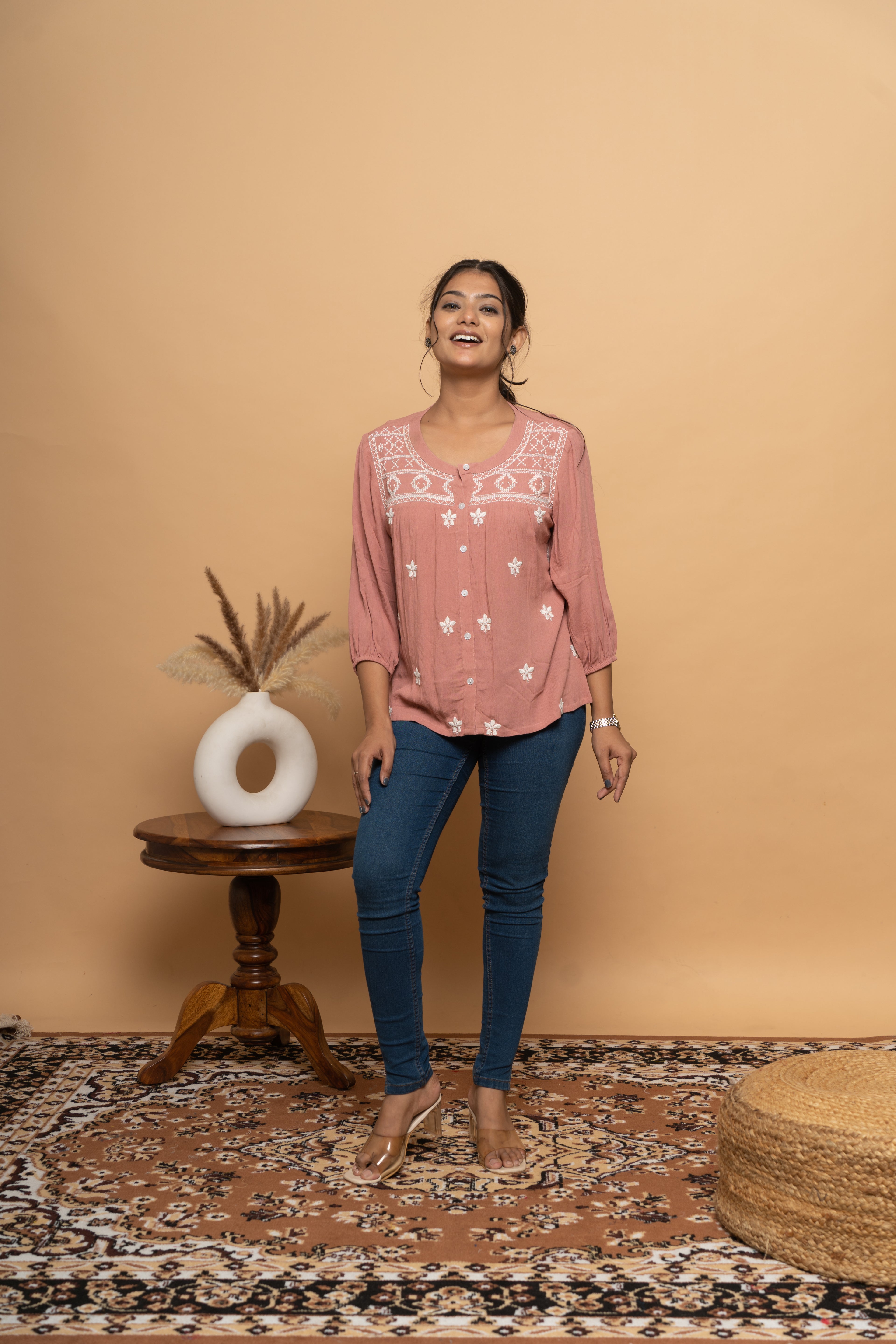 Front view of pink embroidery top for women by Poshida