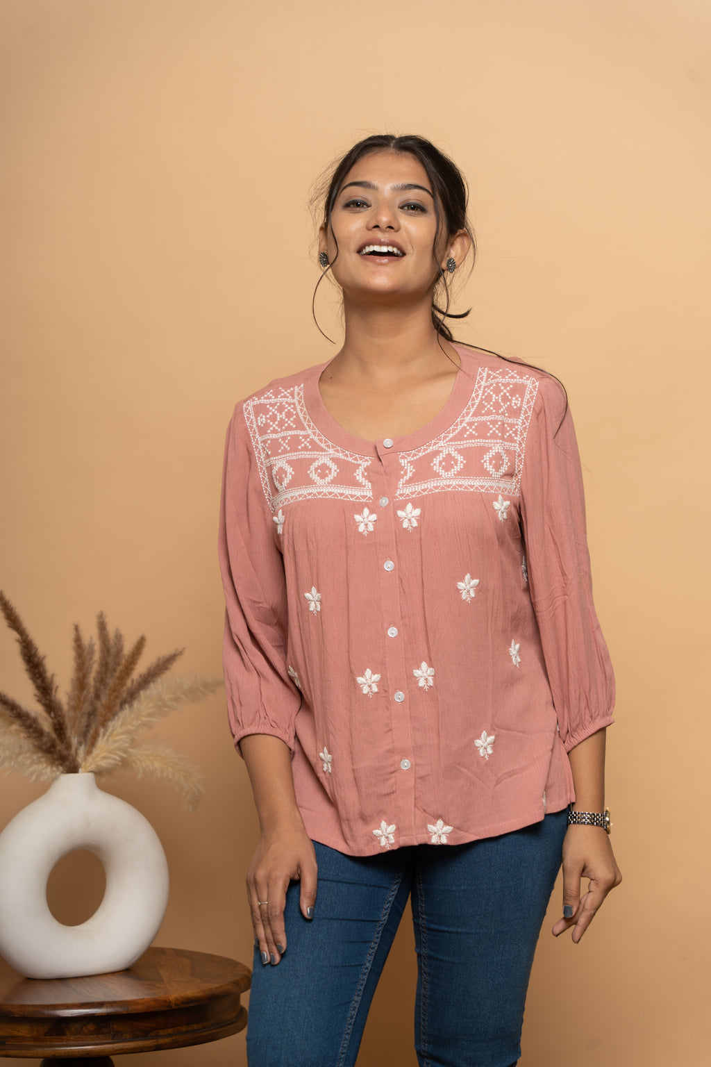 Front view of pink embroidery top for women by Poshida