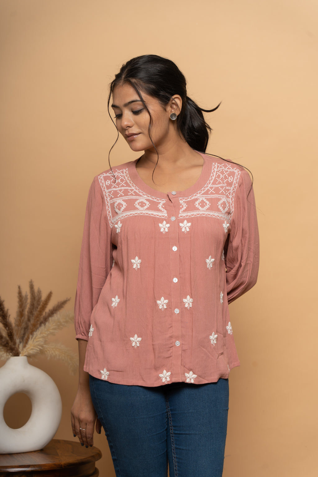 Front view of pink embroidery top for women by Poshida