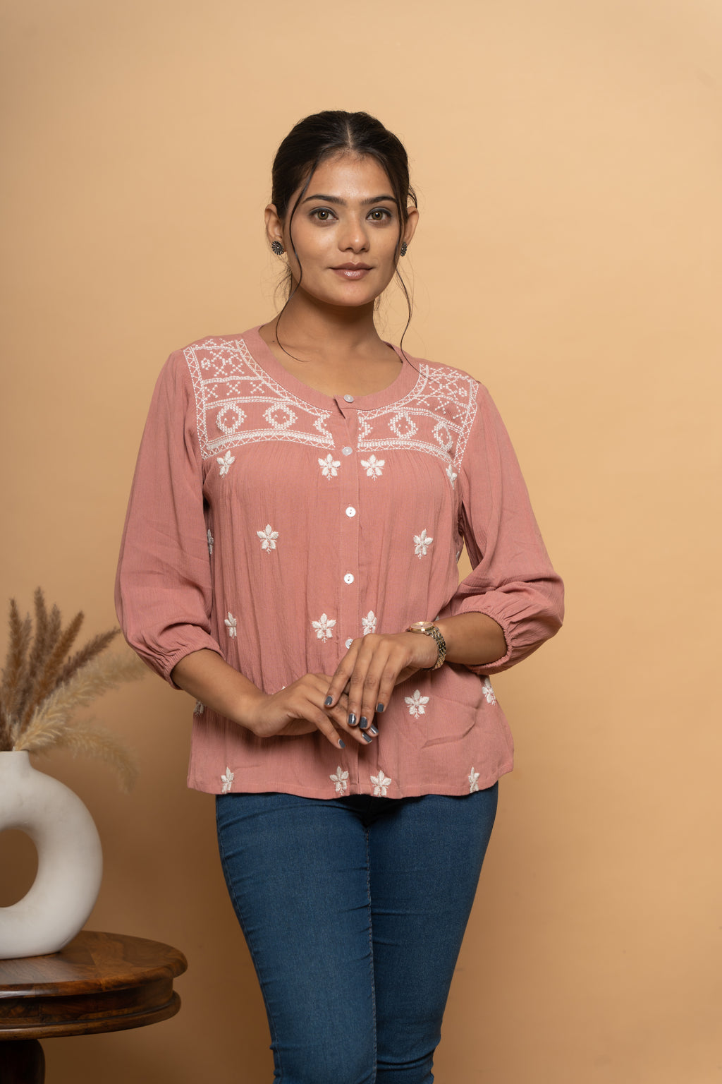 Pink embroidered top for women by Poshida