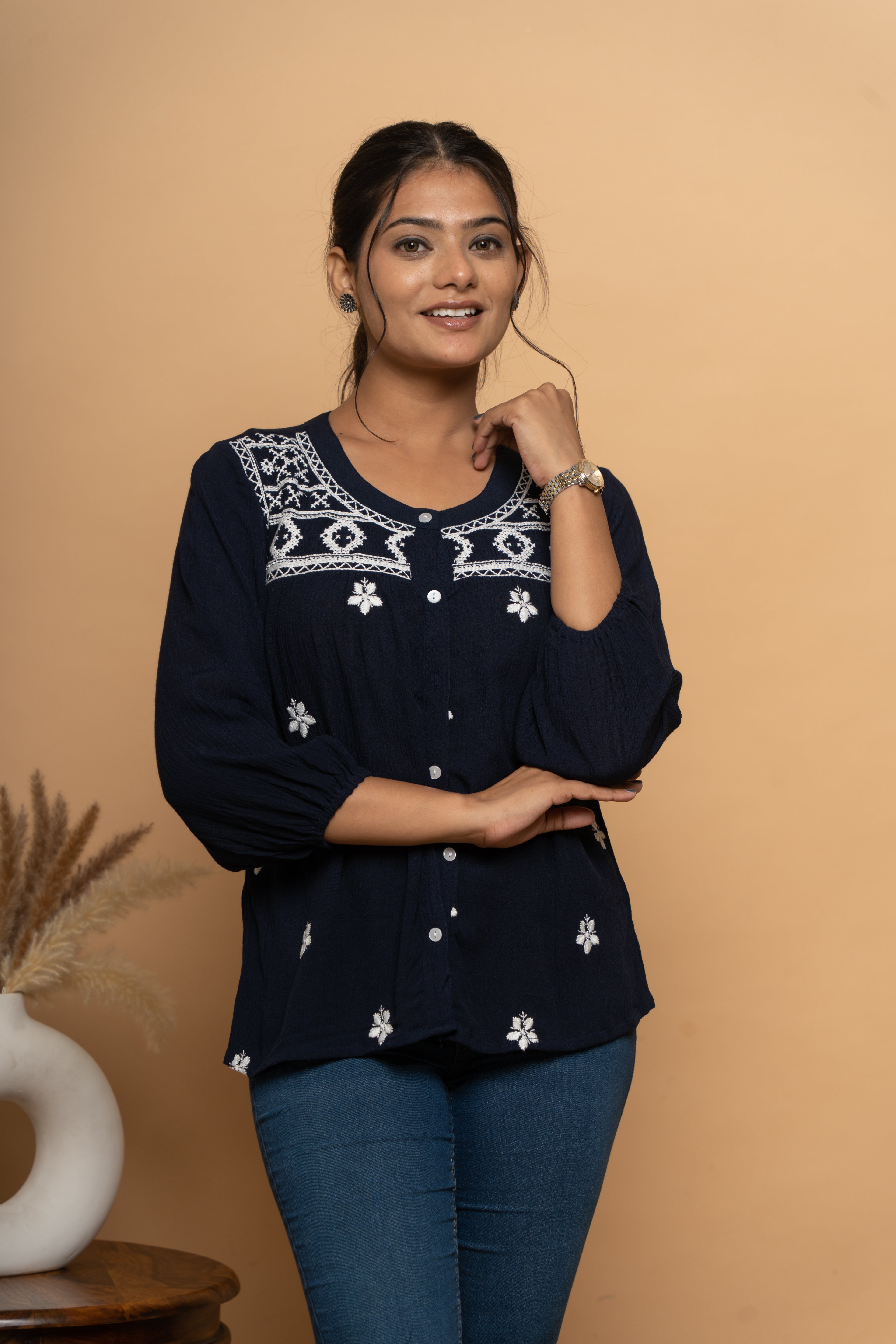 Front view of indigo embroidery top for women by Poshida
