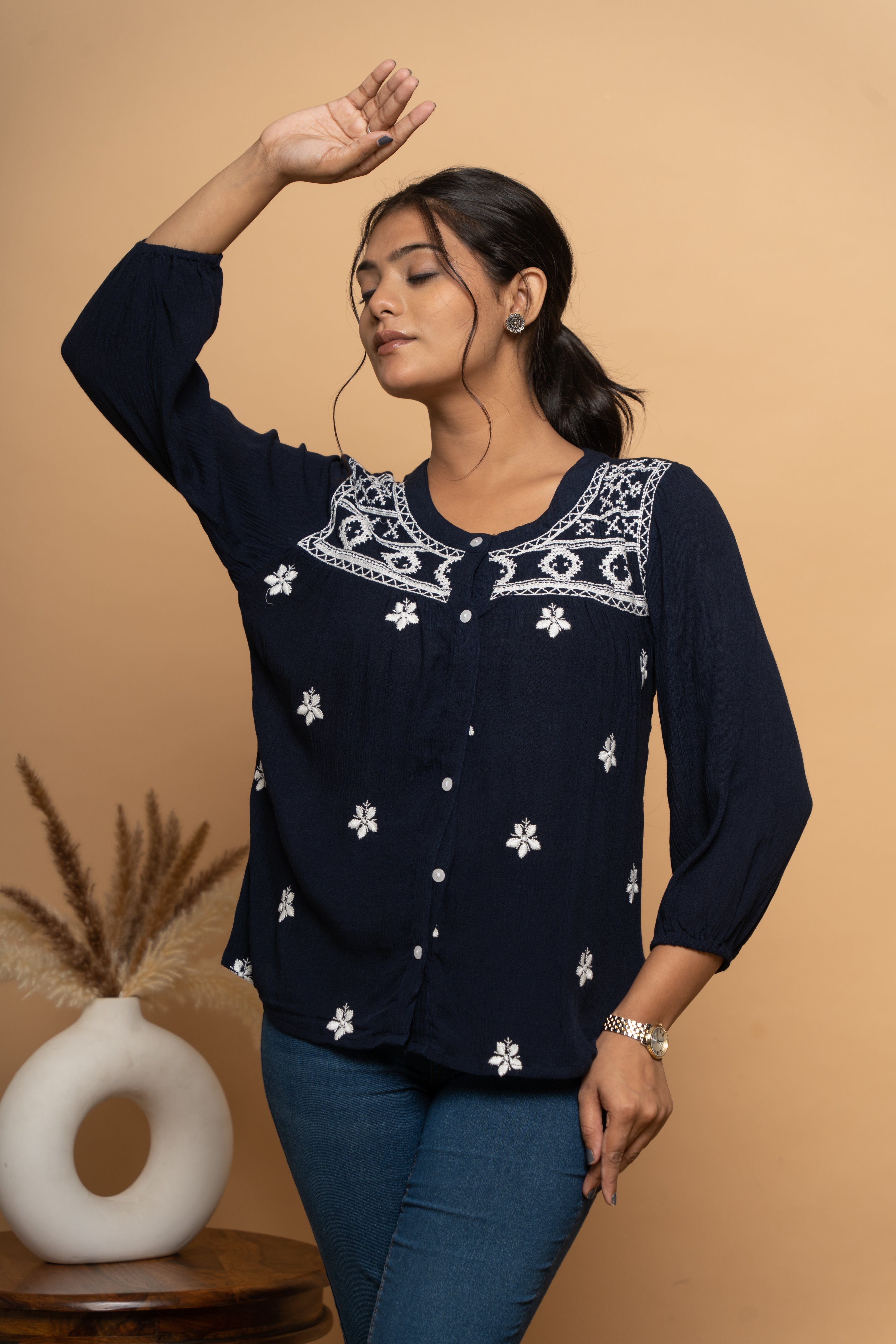 Front view of indigo embroidery top for women by Poshida