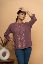 Front view of purple embroidery top for women by Poshida