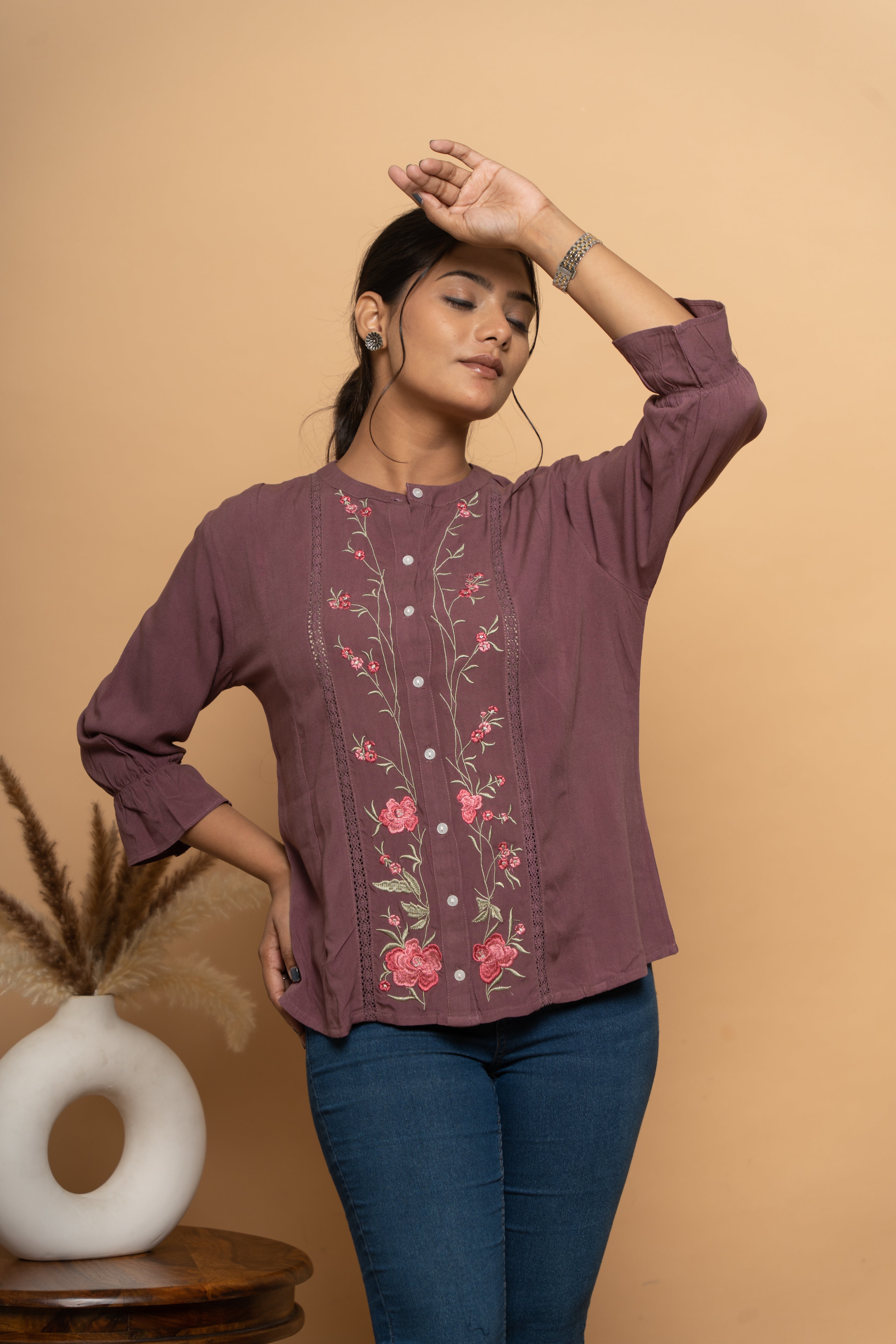Front view of purple embroidery top for women by Poshida