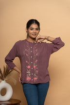 Front view of purple embroidery top for women by Poshida
