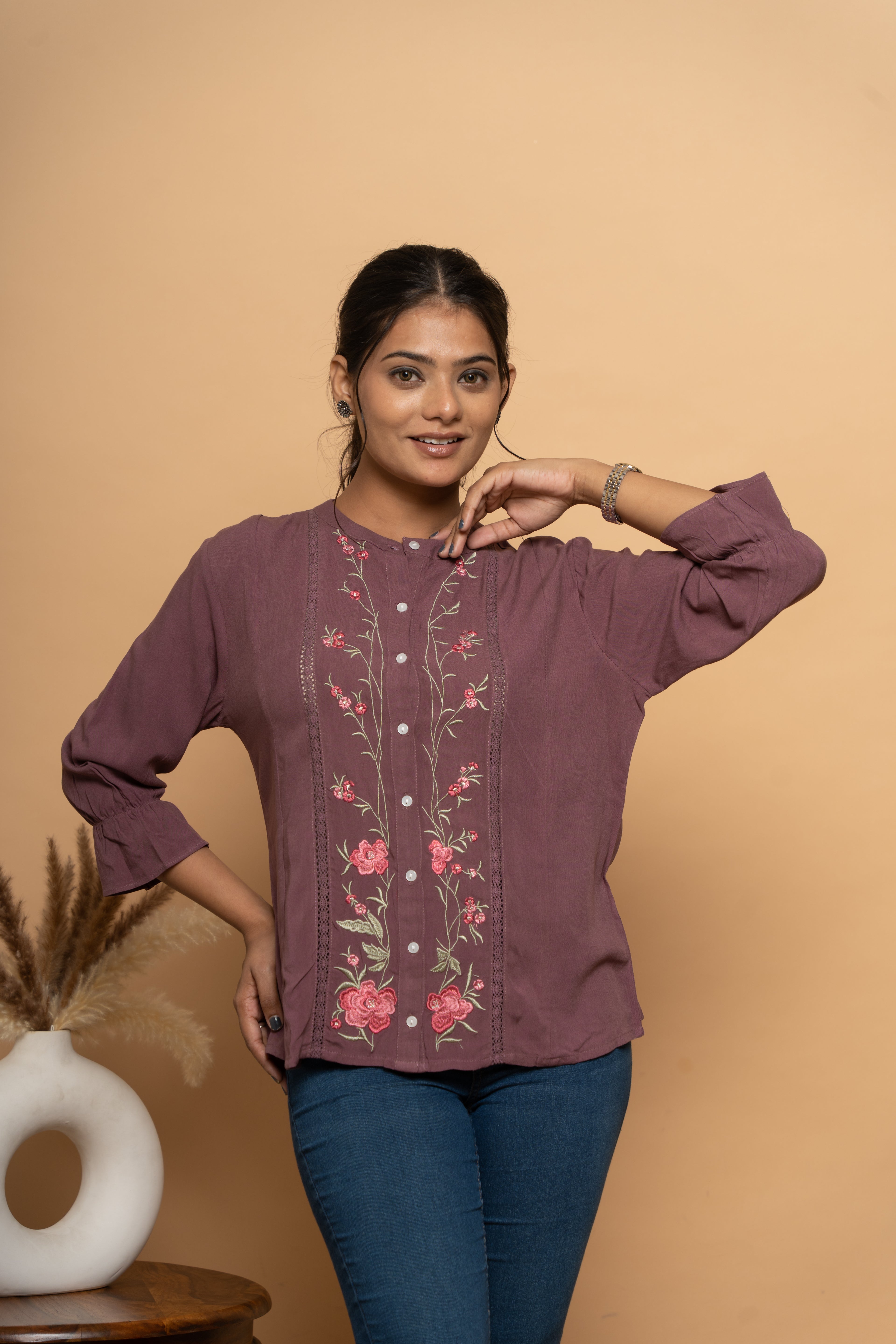 Front view of purple embroidery top for women by Poshida