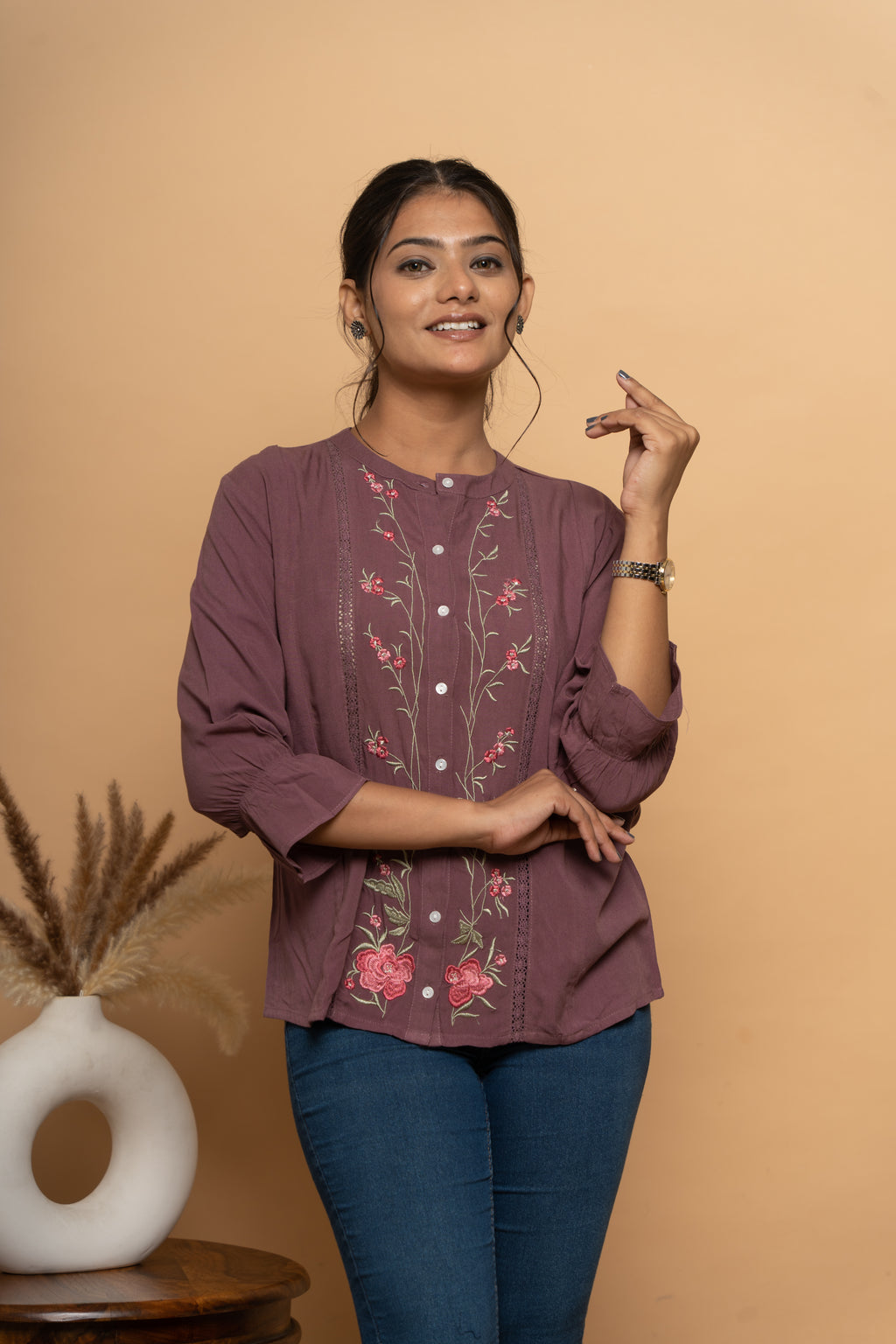Front view of purple embroidery top for women by Poshida