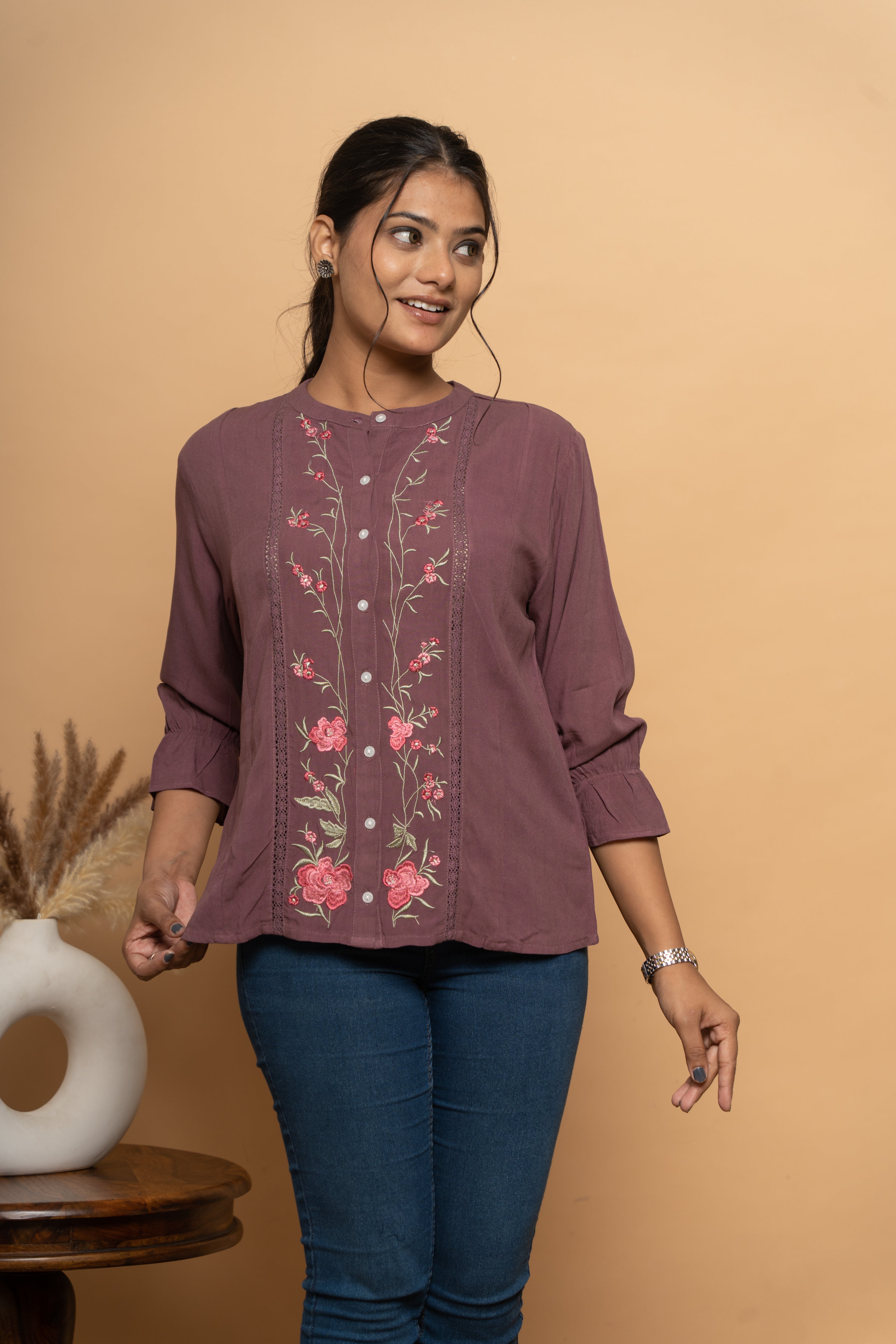 Purple embroidered top for women by Poshida