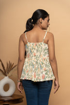 Back view of women’s sleeveless floral printed flared top by Poshida