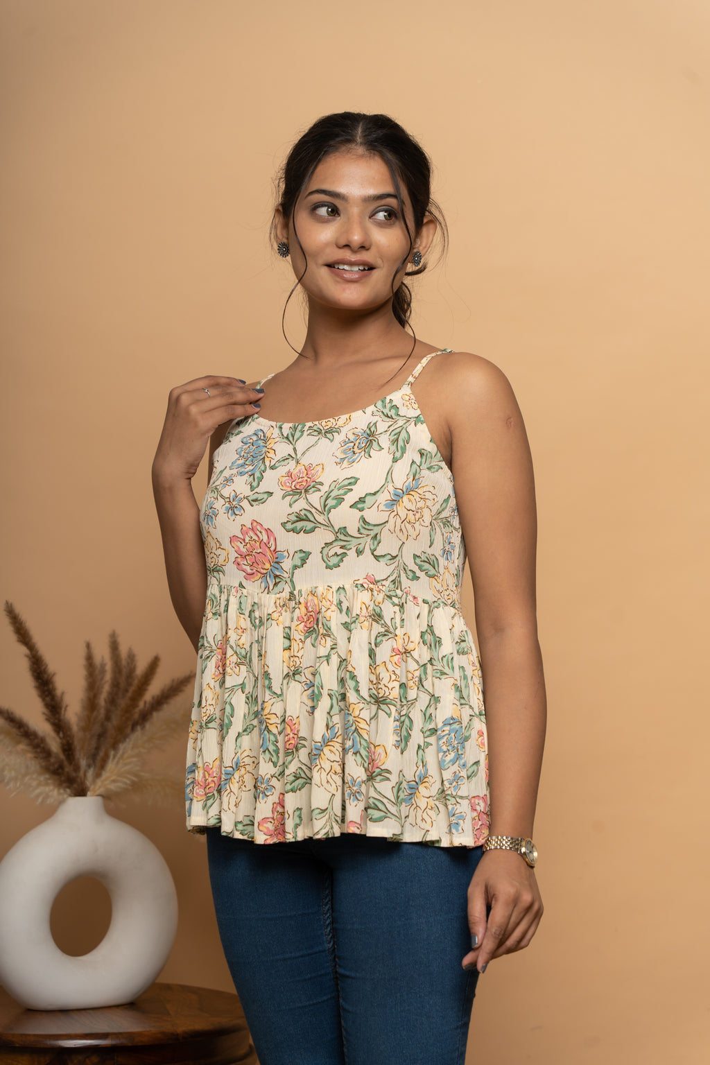 Side view of floral print flared top for women by Poshida